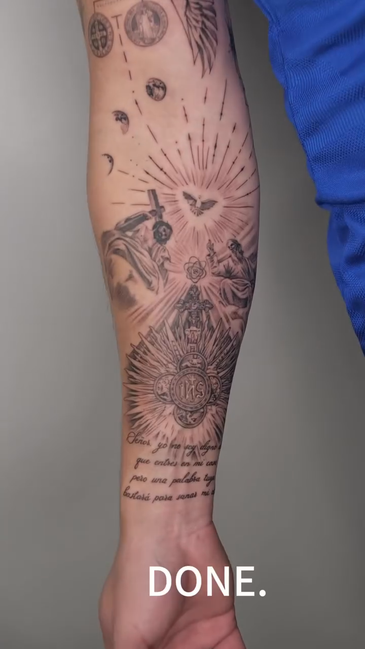Religious figures and celestial elements realism tattoo by Zay - Realistic tattoo Artist