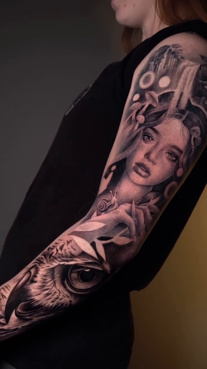 Woman and owl realism tattoo by Risa