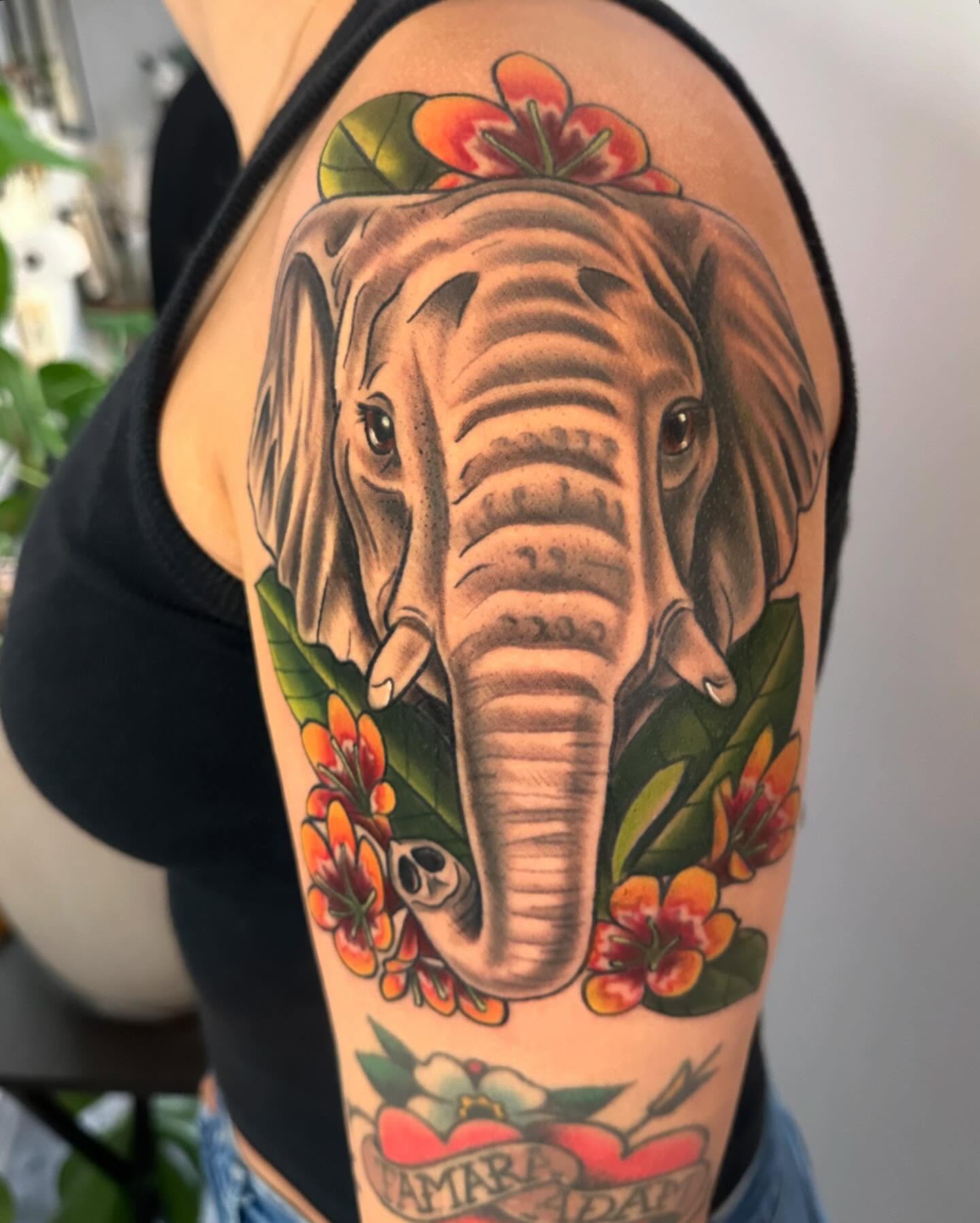 Elephant American traditional tattoo on the shoulder by ✨Sarah Knapp✨, Eugene, Oregon