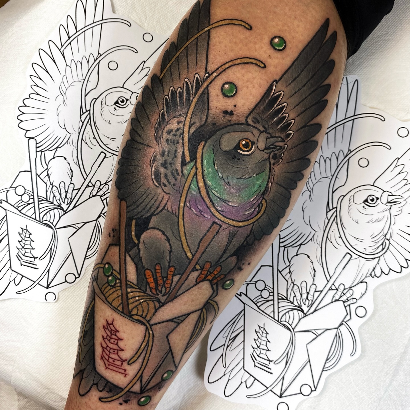 Bird and noodles American traditional tattoo on the forearm by 🍃  𝑳𝒆𝒆 𝑴𝒖𝒍𝒍𝒆𝒏  🍂, Seattle, Washington