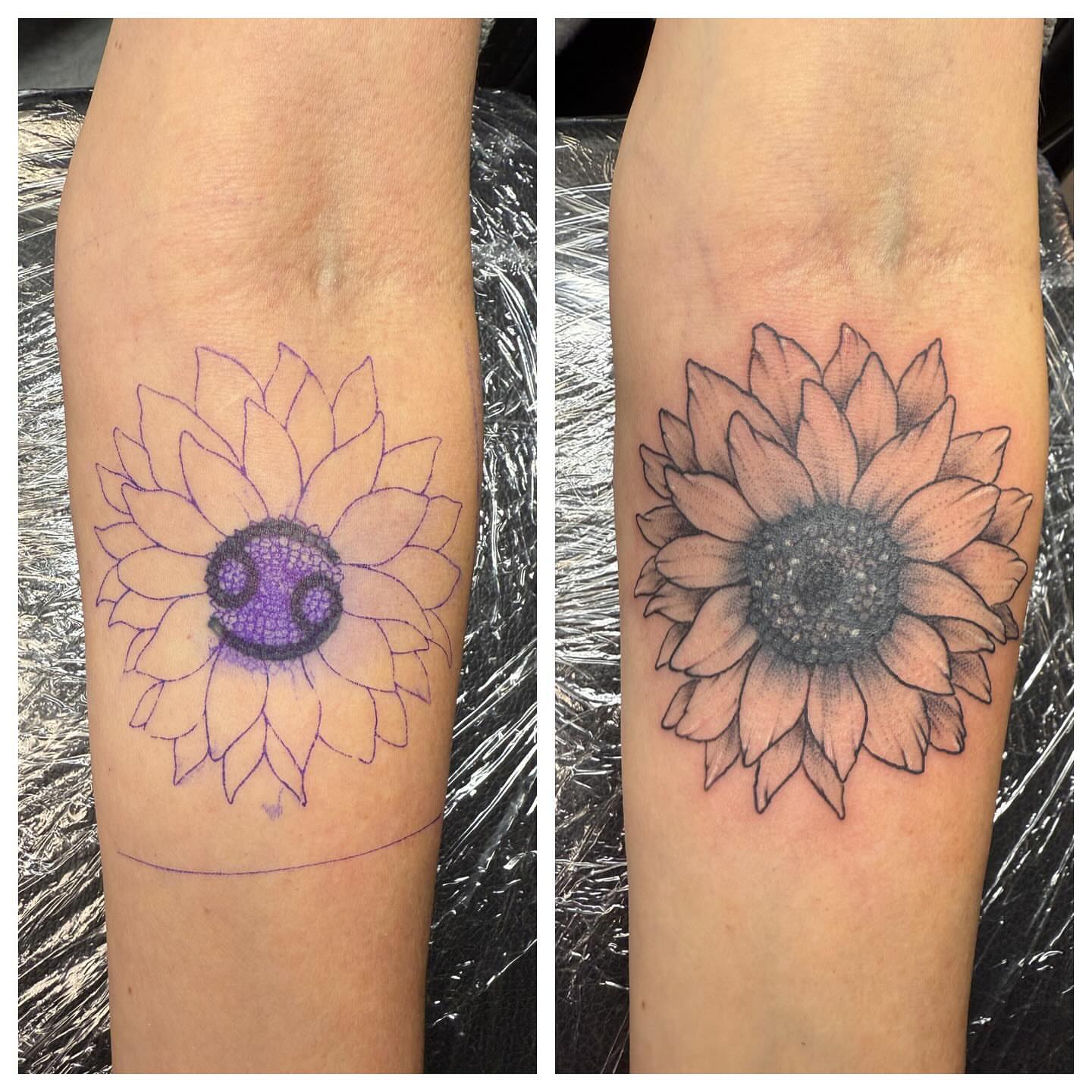 Sunflower black and grey tattoo on the forearm by Matthew Humphrey, Pawcatuck, Connecticut