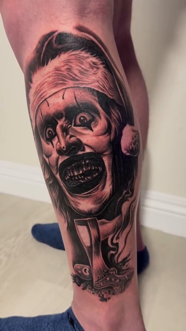 Scary clown face realism tattoo by Andrew Wine🍷Tattoo