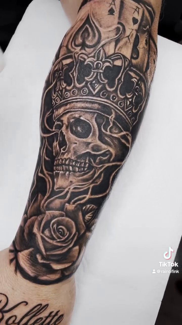 Skull, crown, roses, and playing cards realism tattoo by Summer Rain