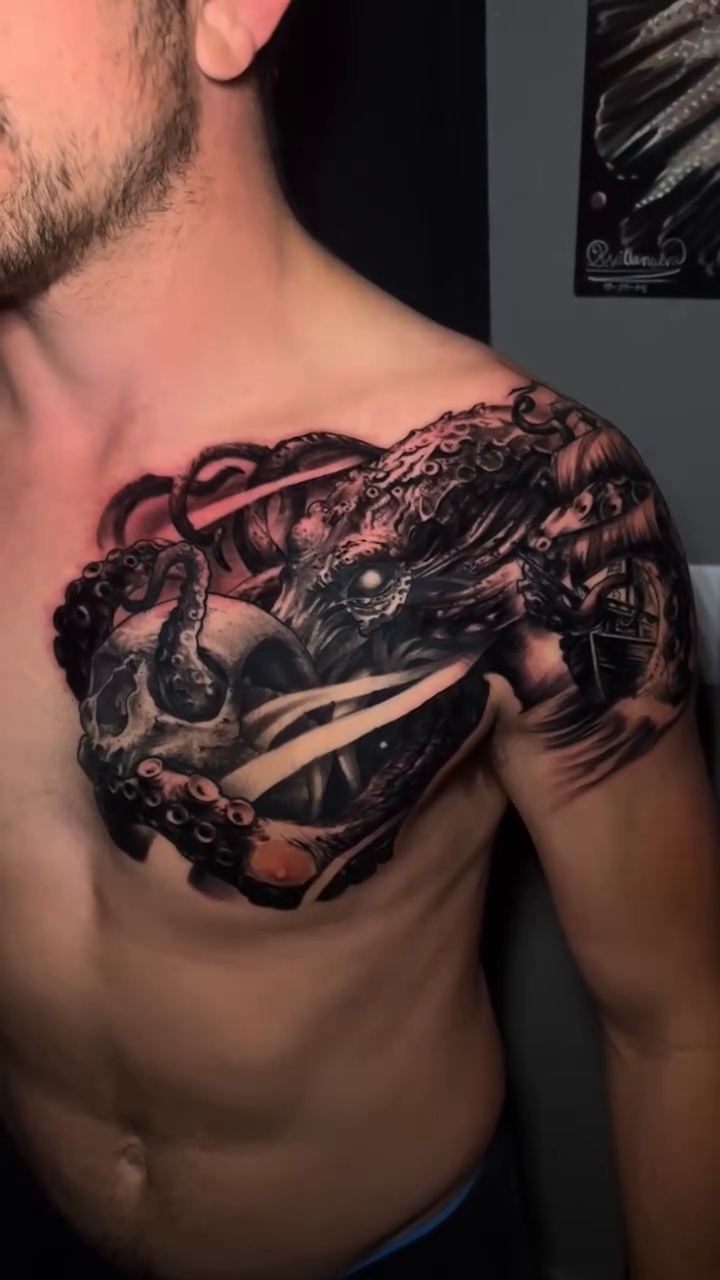 Kraken attacking a ship dark realism tattoo by Raul Ugarte, Roseville, California