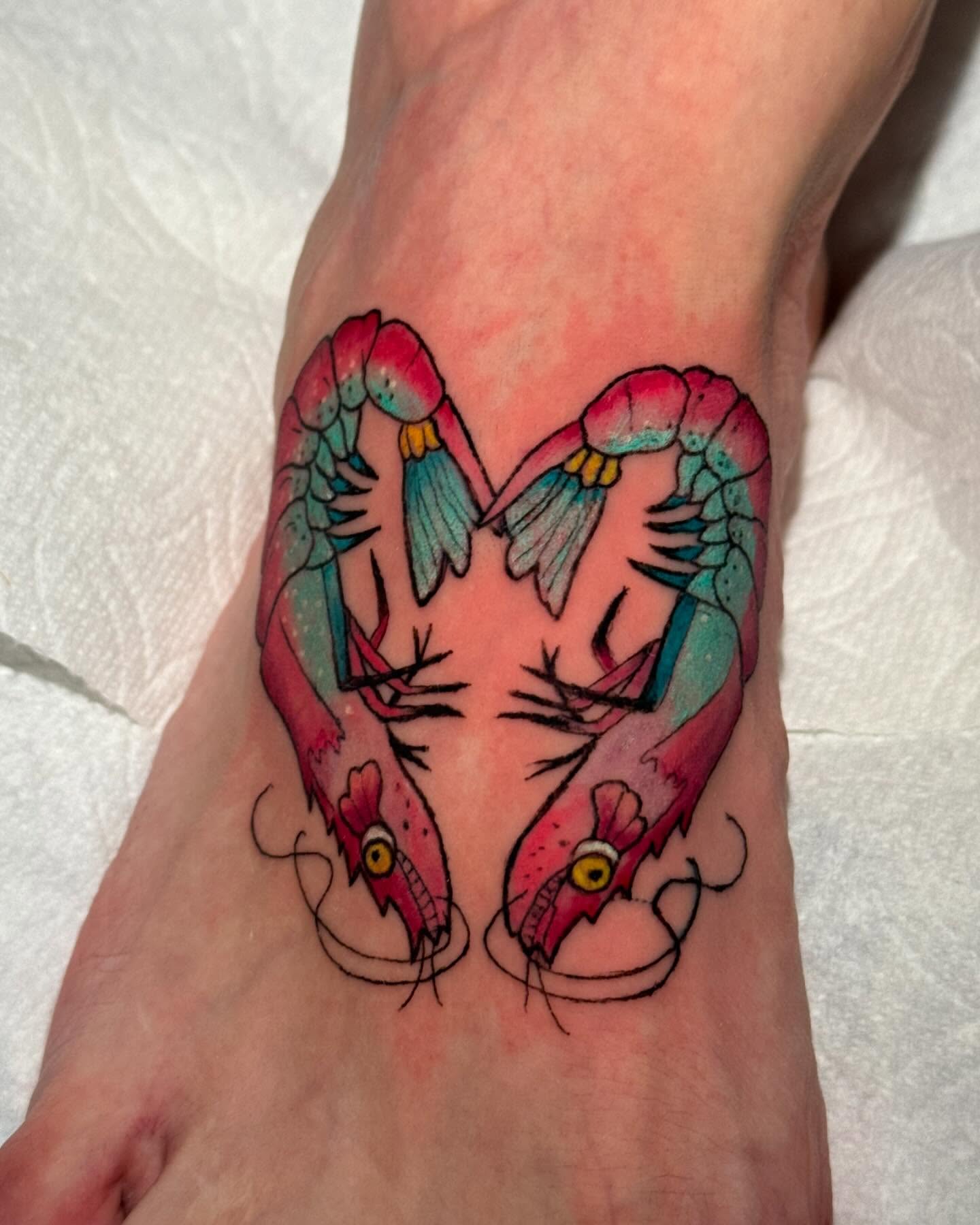 Flamingos new school tattoo on the foot by đź’›Kristinađź’› tattoos with intention, Minneapolis, Minnesota