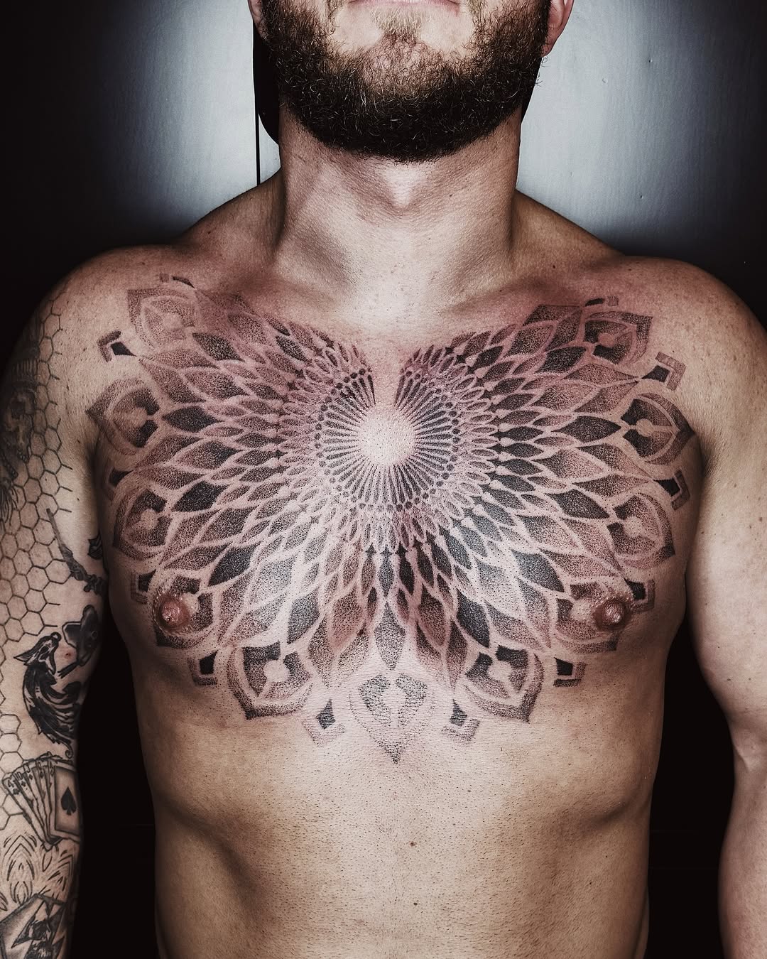 Geometric mandala geometric tattoo on the chest by πΉπ°π½πππ΄π½ πΆπ»π΄π½π½, North Logan, Utah