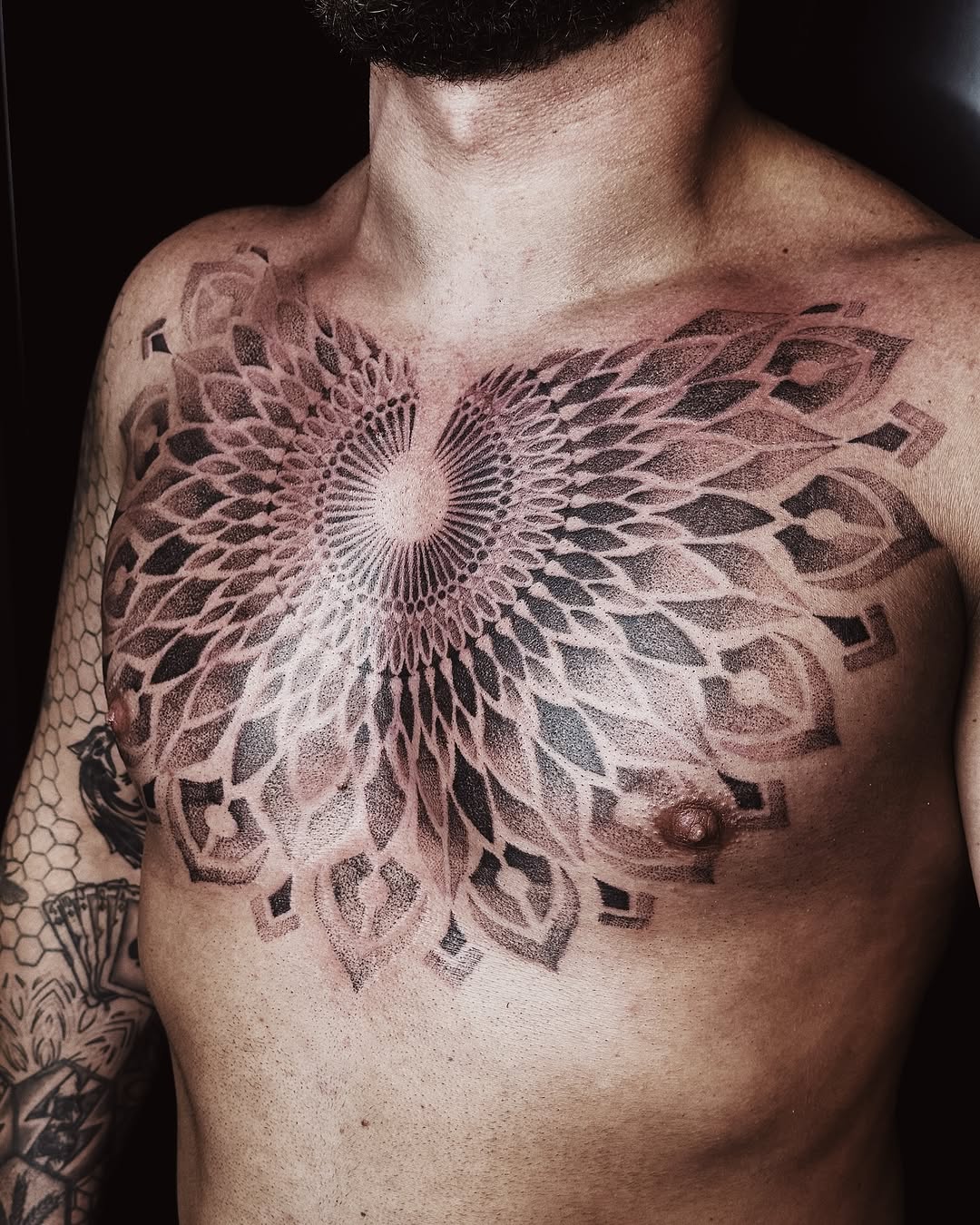 Mandala chest piece geometric tattoo on the chest by πΉπ°π½πππ΄π½ πΆπ»π΄π½π½, North Logan, Utah