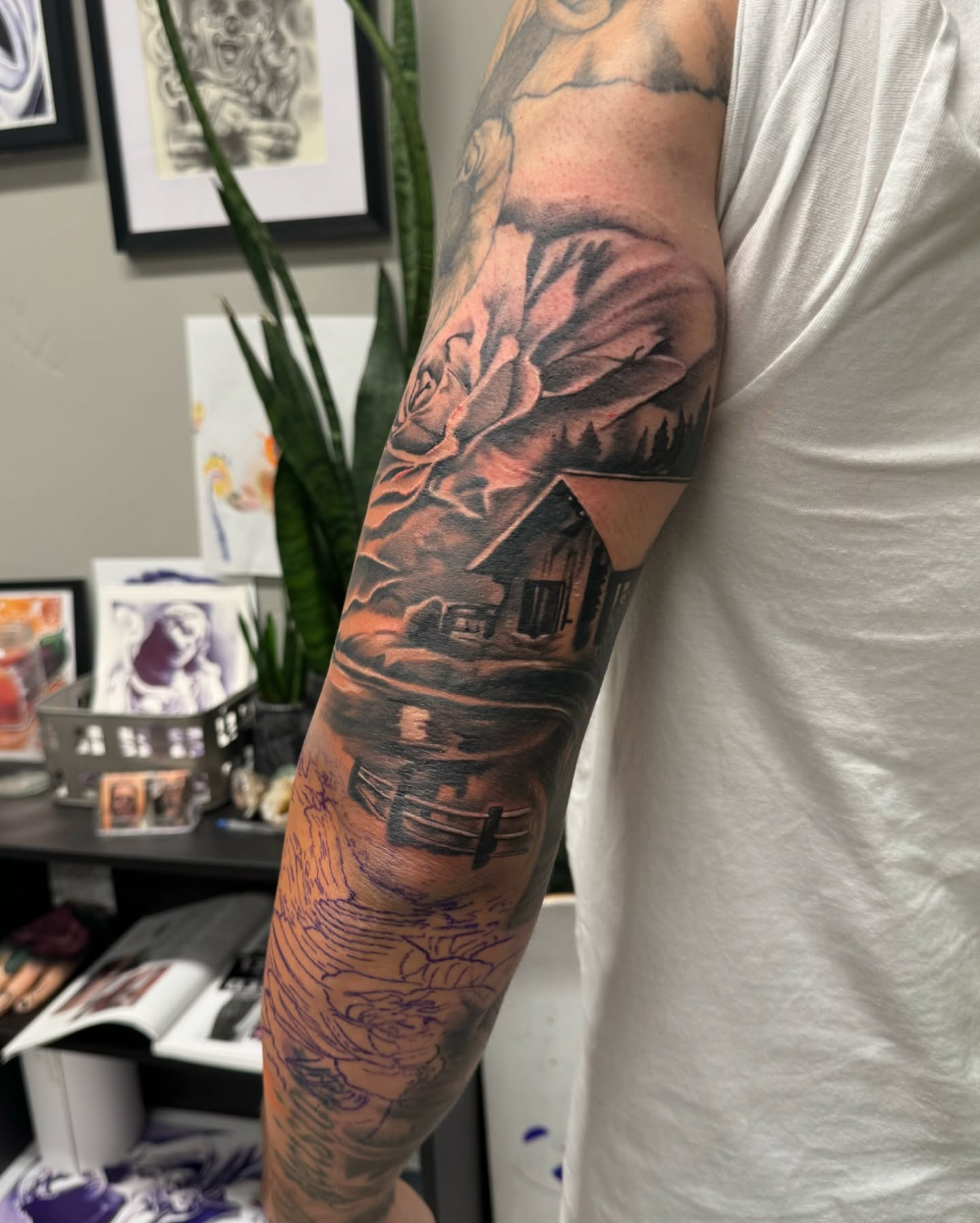 House and rose realism tattoo on the forearm by Angel Pineda-Rodriguez