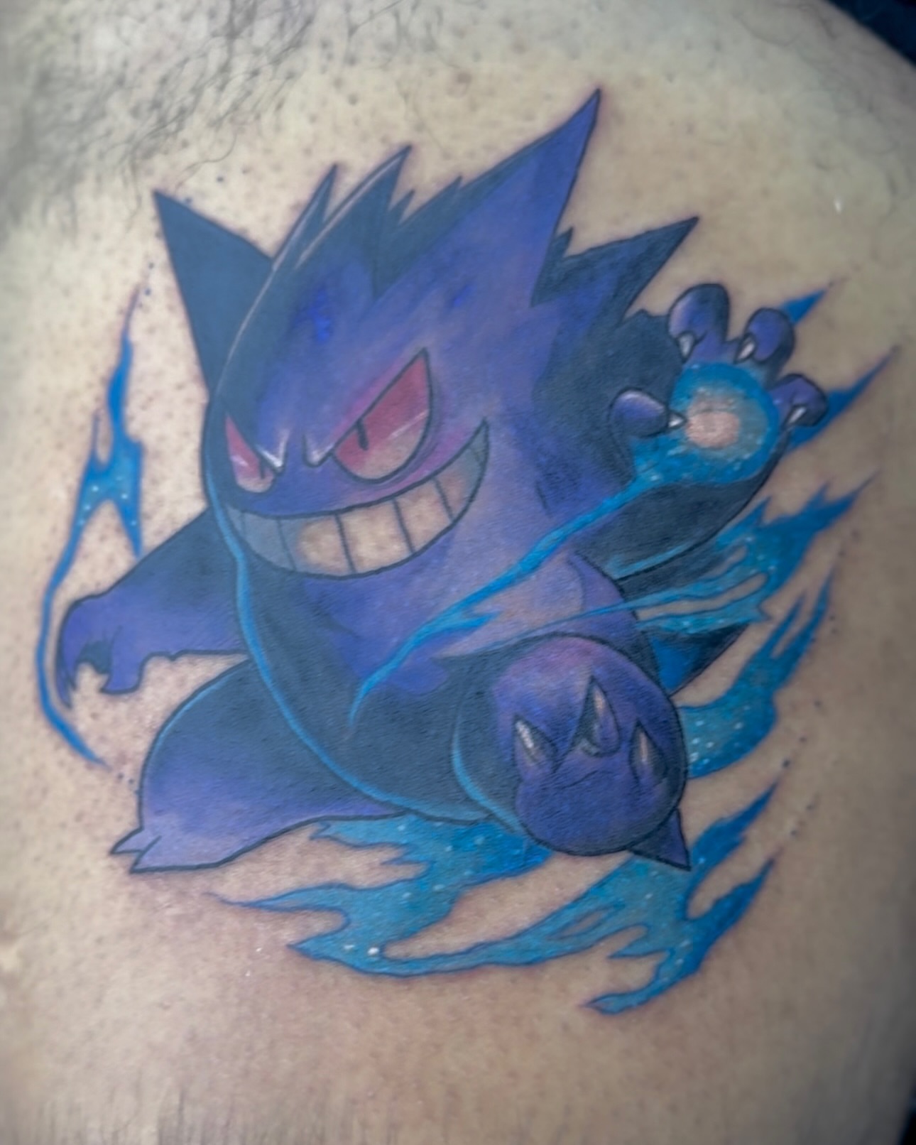 Gengar dotwork tattoo on the thigh by Kevin A. Salinas ๐จ๐ด, Houston, Texas
