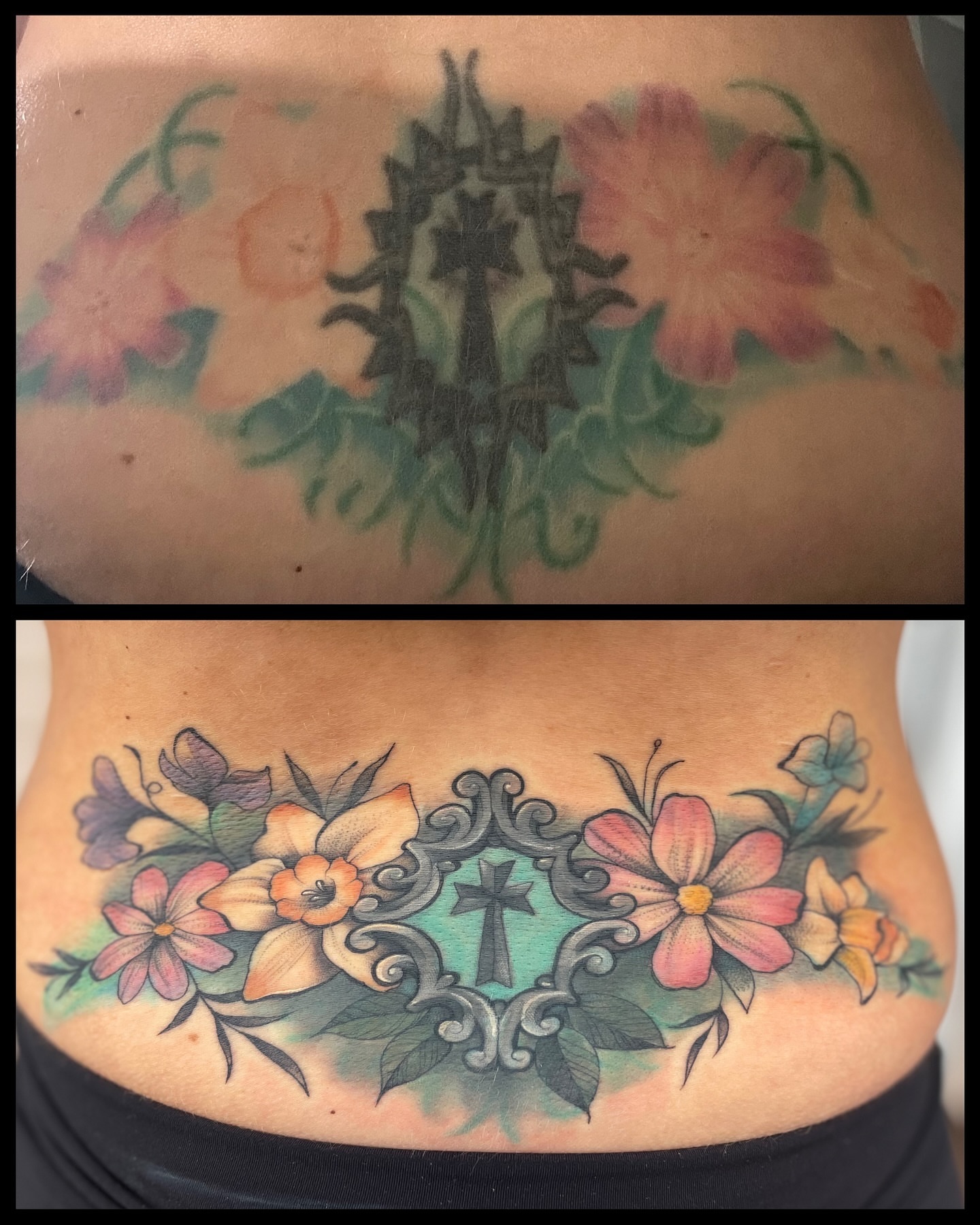 Cross with floral motifs neo-traditional tattoo on the torso by Erica Olivier