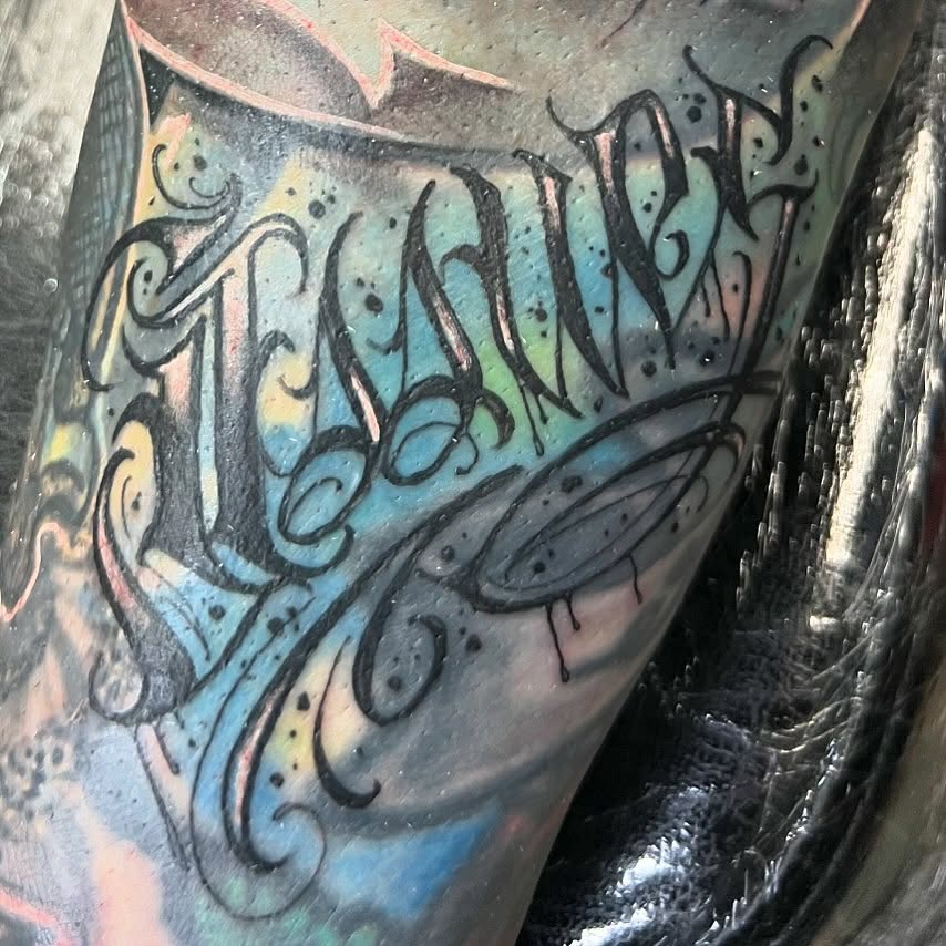 Script lettering lettering script tattoo on the forearm by Niz Carrillo