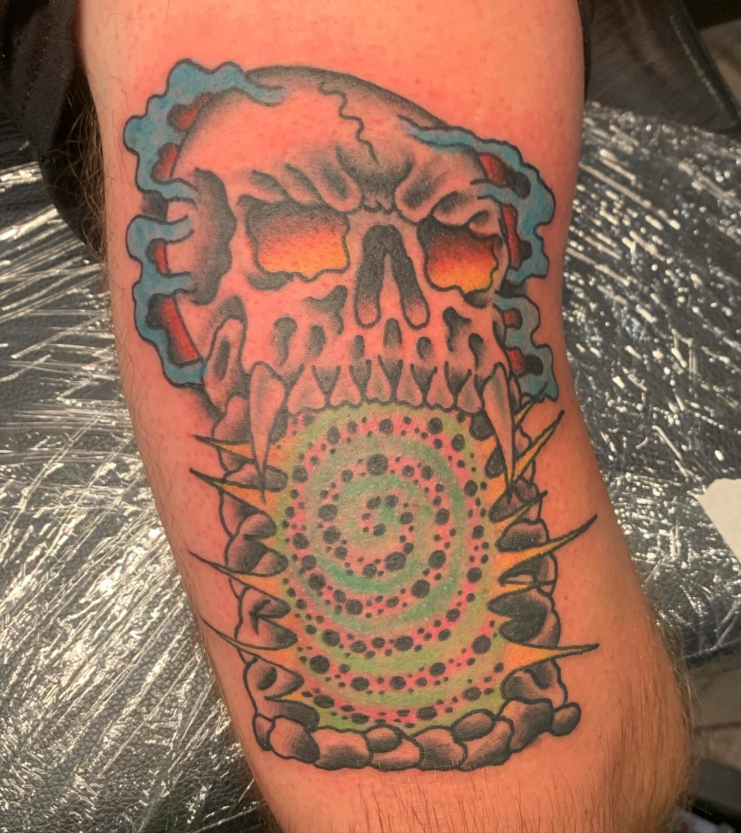 Skull dotwork tattoo on the thigh by mike_howard