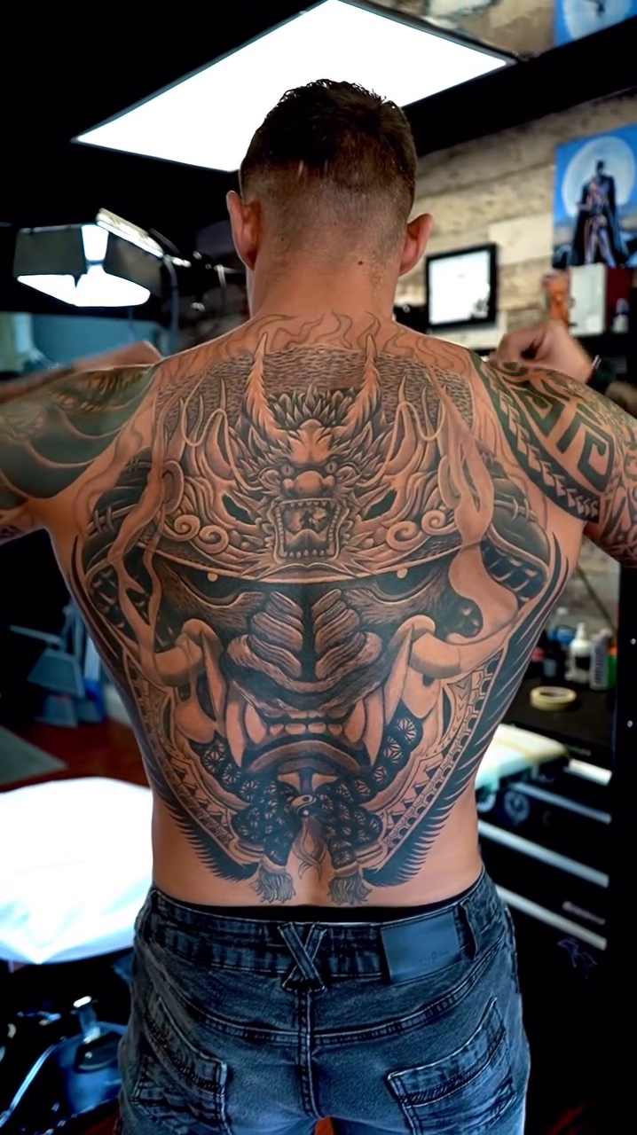 Samurai mask full back tattoo Japanese tattoo on the back by Raciel Fabian Romero