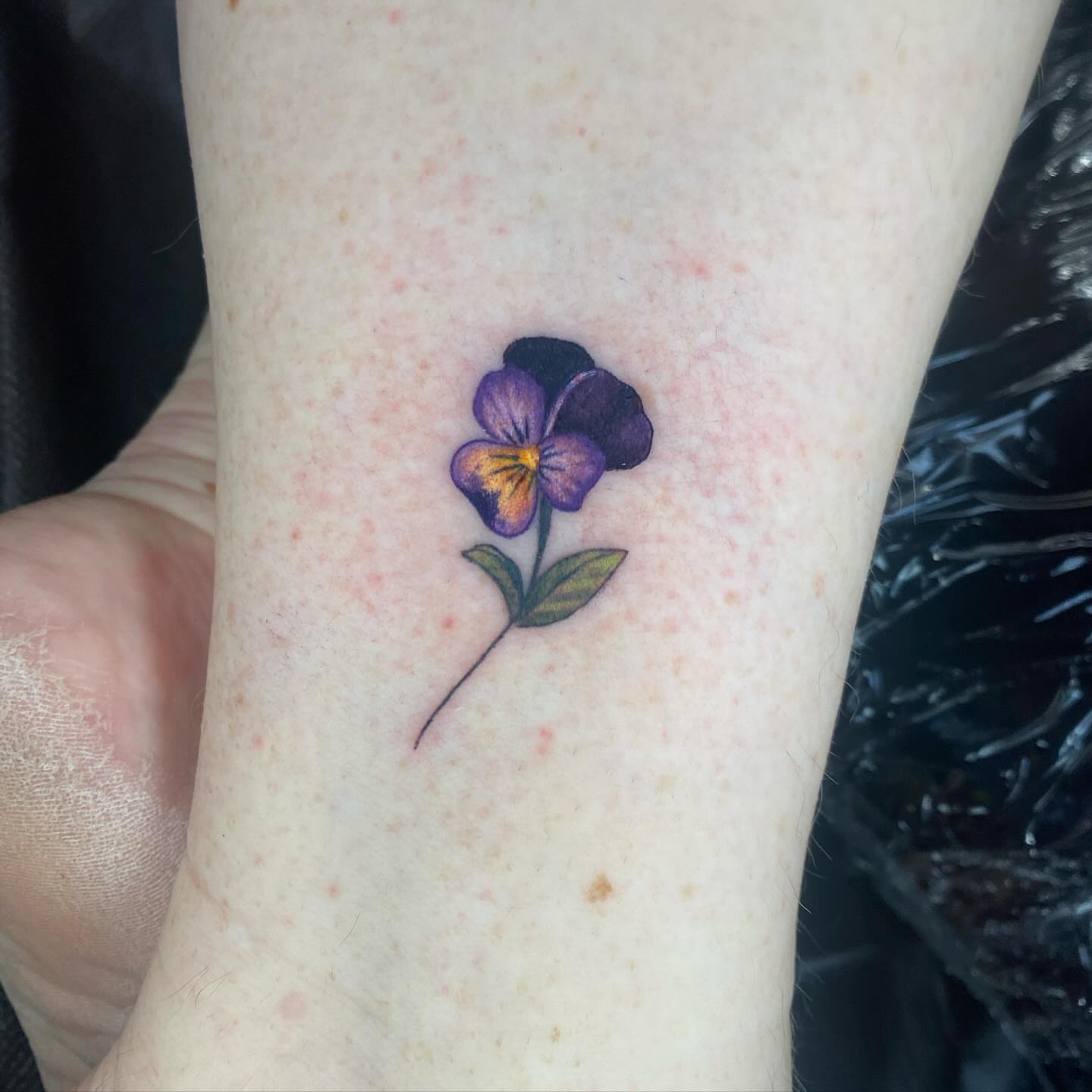 Purple pansy realism tattoo on the forearm by Chelsey Moore, Albuquerque, New Mexico