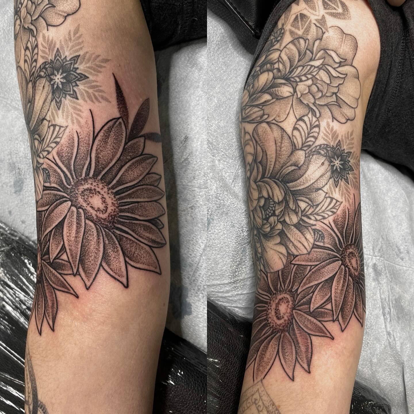 Sunflowers dotwork tattoo on the forearm by Taya Lynn, Hudson, Wisconsin