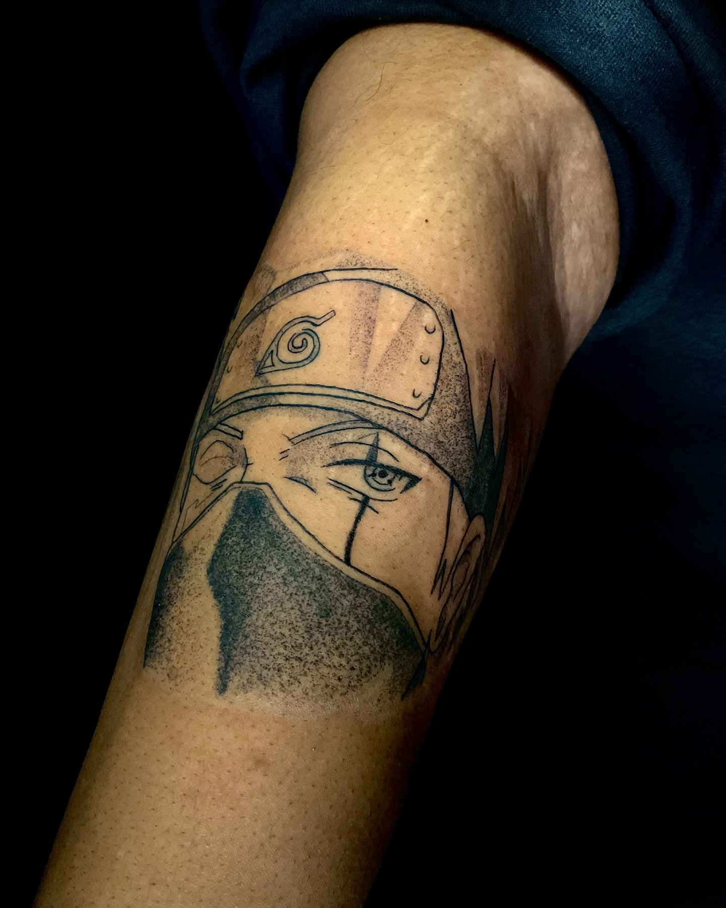 Ninja mask dotwork tattoo on the forearm by 𝕷𝖚𝖈𝖎𝖉