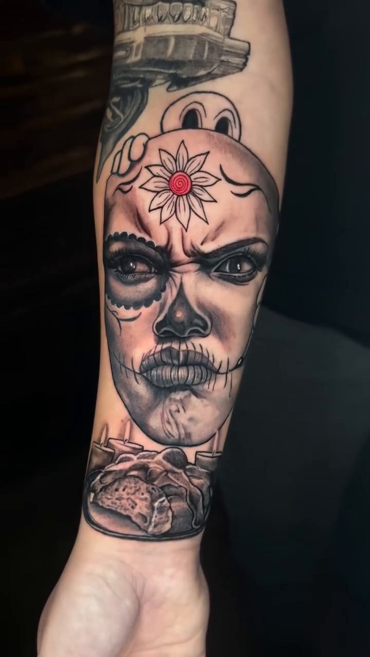 Day of the Dead portrait realism tattoo by Adrian Dominguez, Las Vegas, Nevada