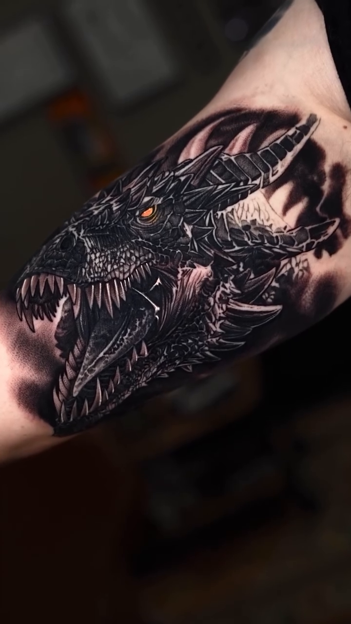 Dragon head realism tattoo by Jake Ross, Mentor, Ohio