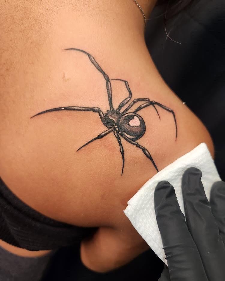 Spider black and grey tattoo on the shoulder by Audrey Luther