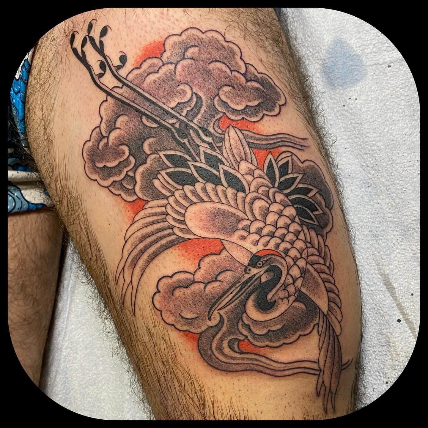 Koi fish and crane japanese irezumi tattoo on the thigh by ๐ญ๐๐ ๐ฎ๐๐๐๐๐, Berkeley, California
