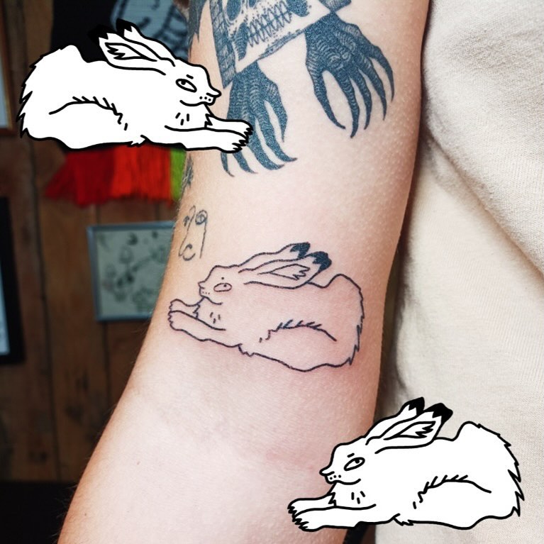 Rabbit fine line tattoo on the forearm by clo 🐭