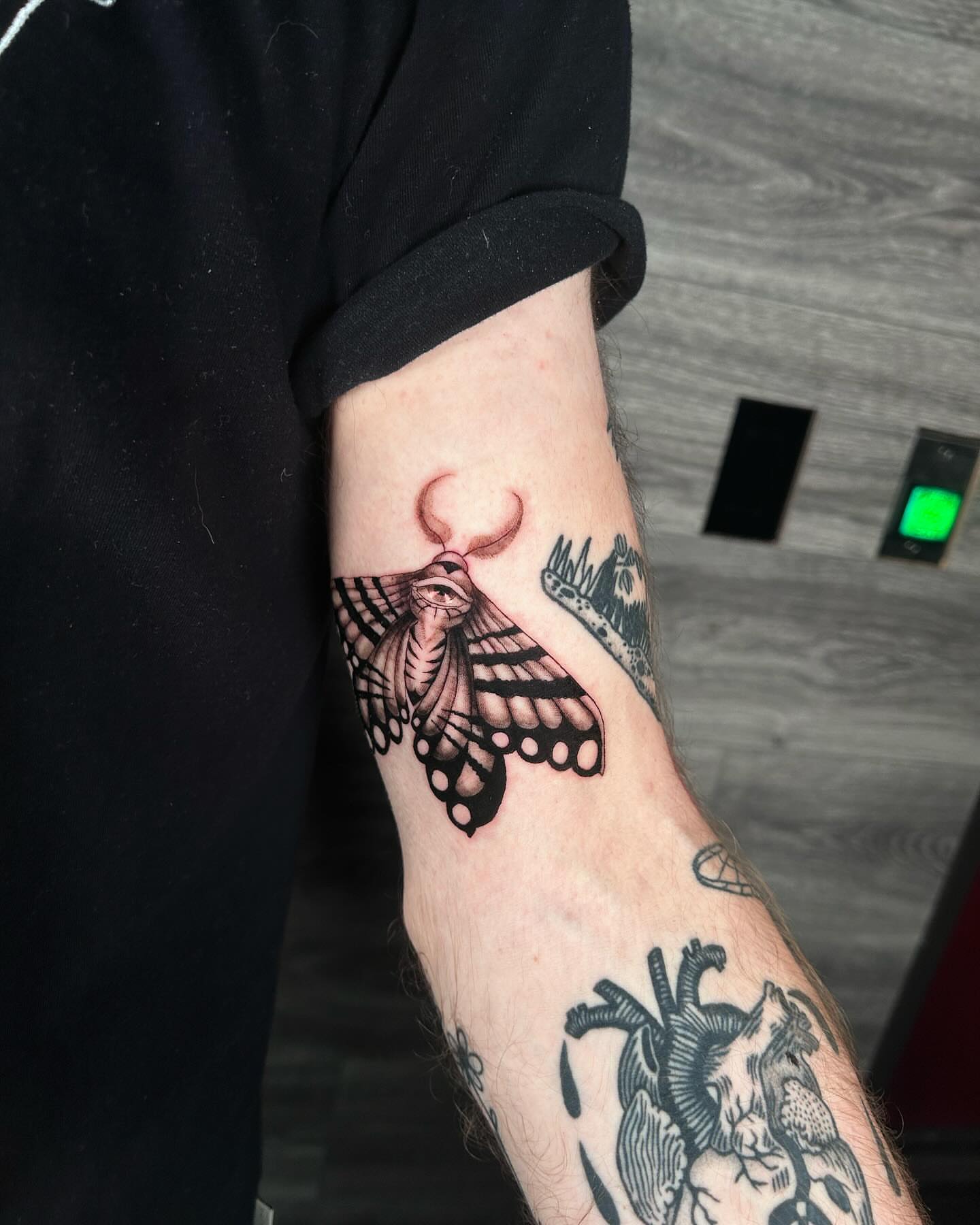 Moth black and grey tattoo on the forearm by Kipling Mcclellan