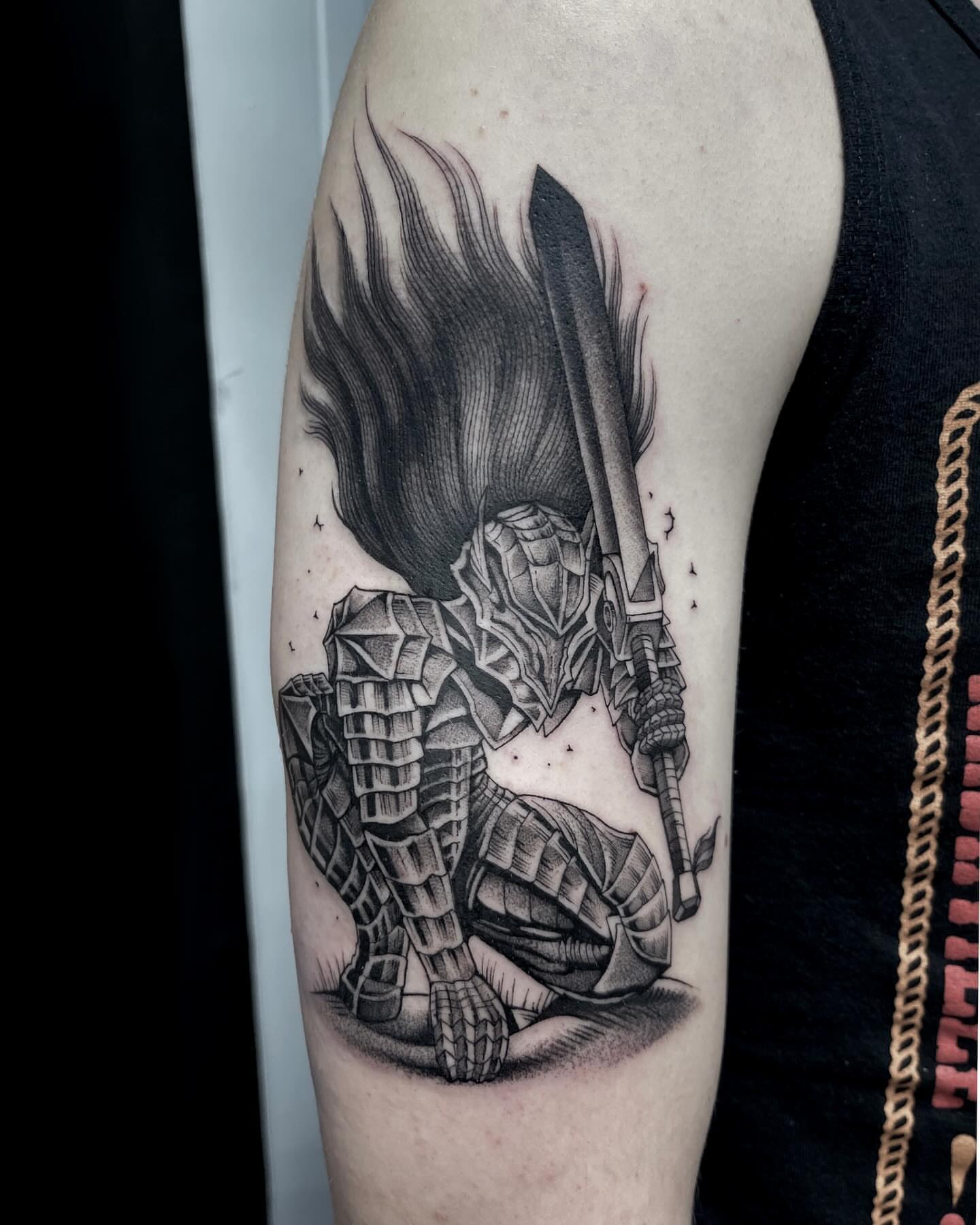 Samurai warrior dotwork tattoo on the forearm by Kelsi Steffensen