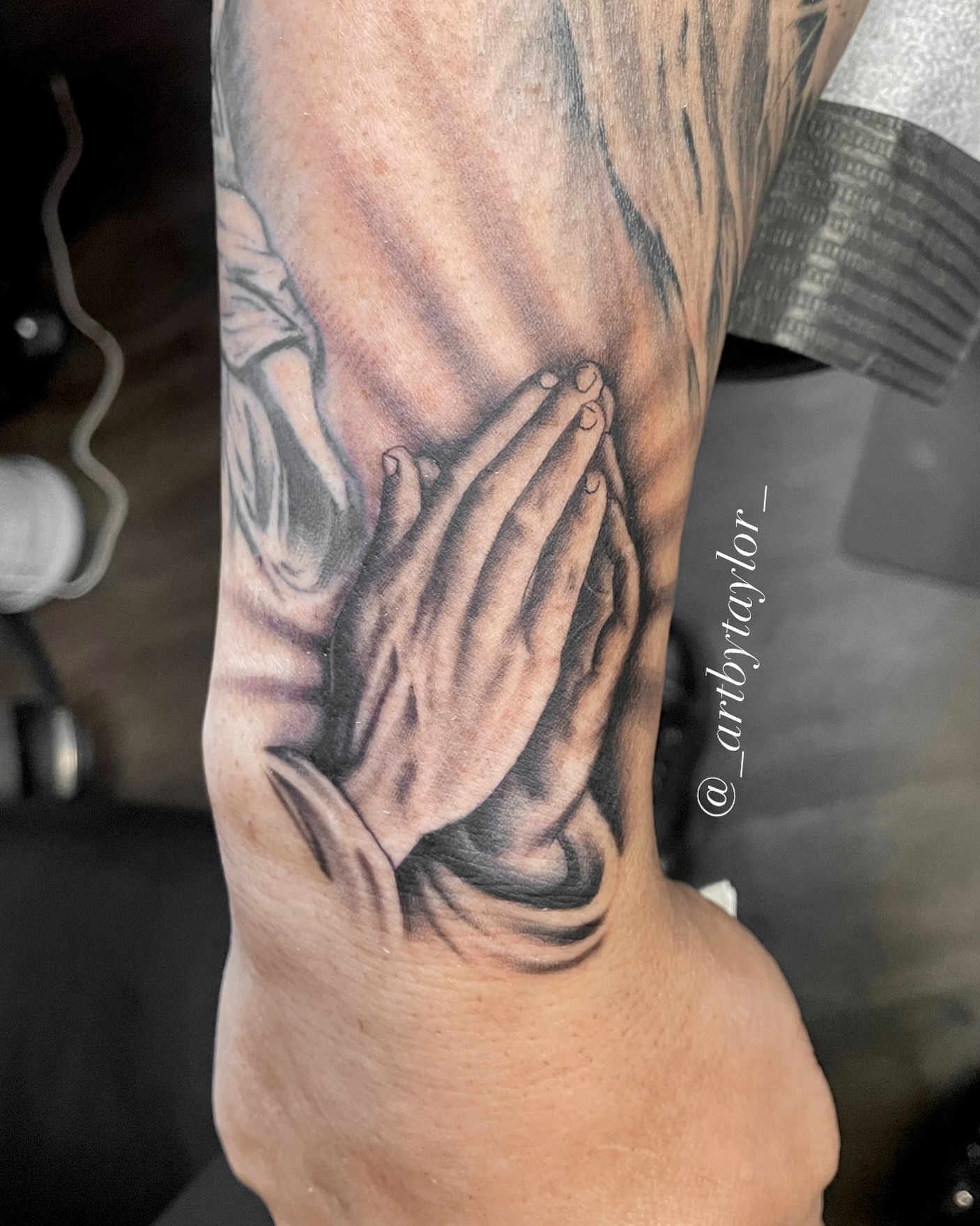 Praying hands realism tattoo on the forearm by Taylor✍🏽️
