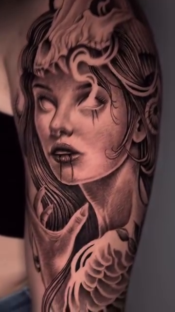 Woman with dragon headpiece realism tattoo by Clayderman