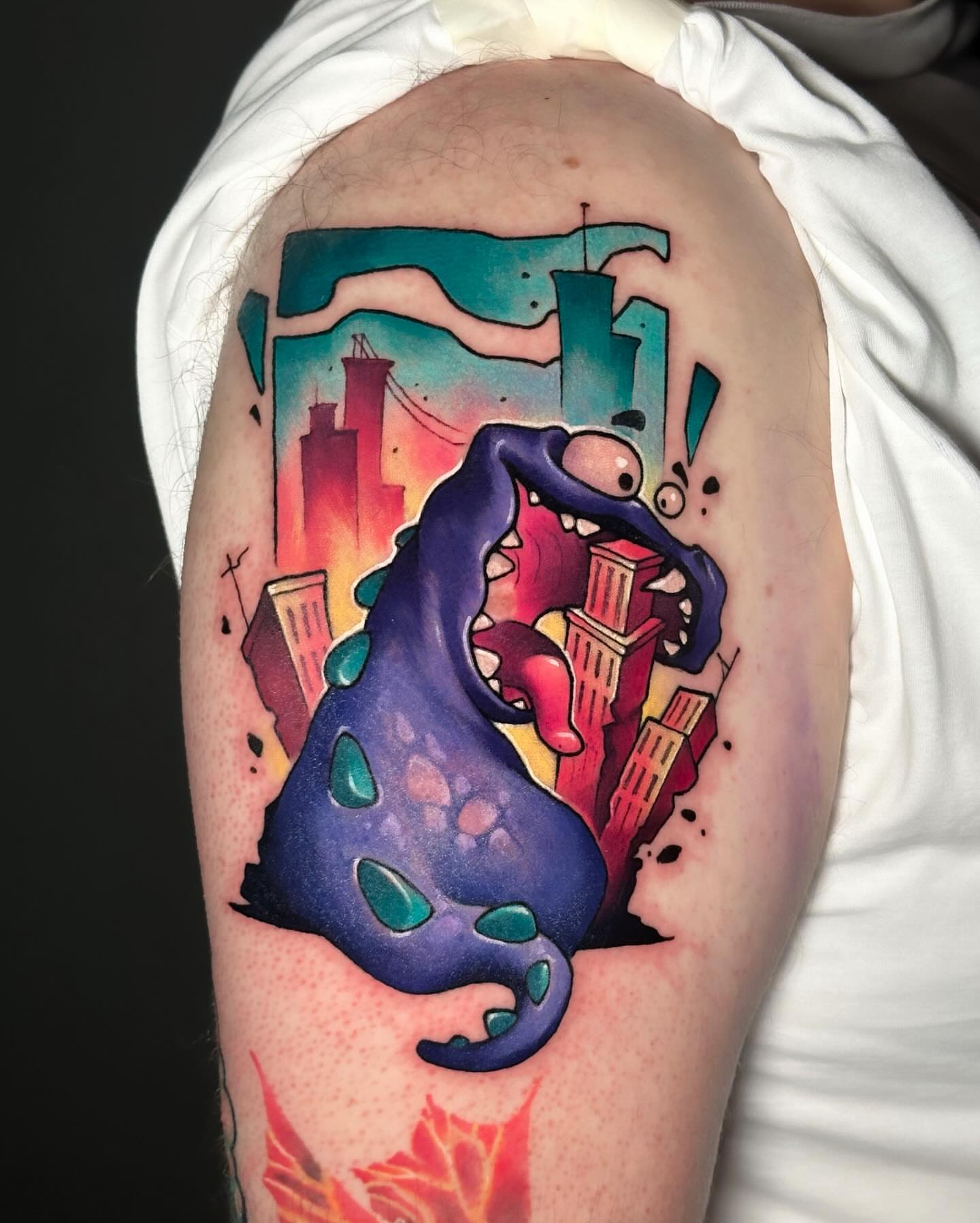 Monster American traditional tattoo on the shoulder by Lena Aleksandrova