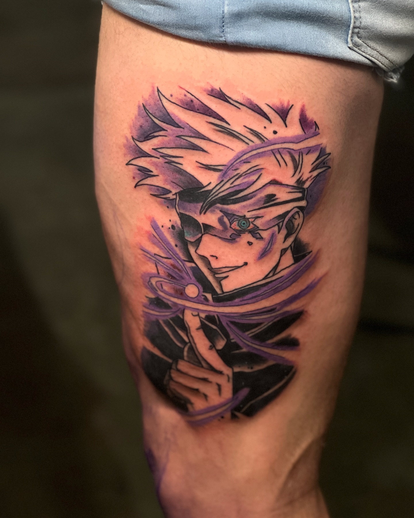 Anime character anime tattoo on the thigh by Emac, Baltimore, Maryland