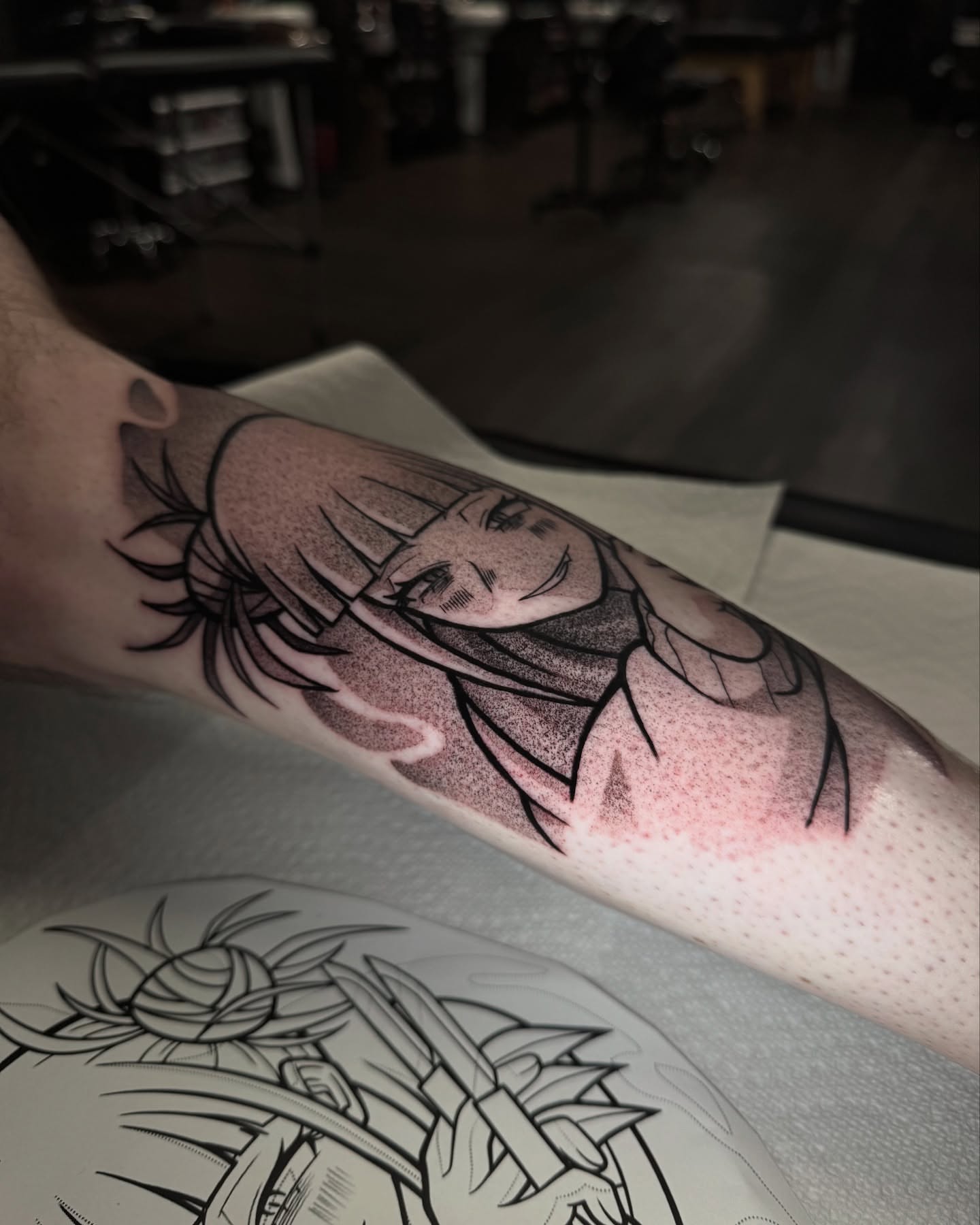 Anime character dotwork tattoo on the forearm by Anthony D. Rustik