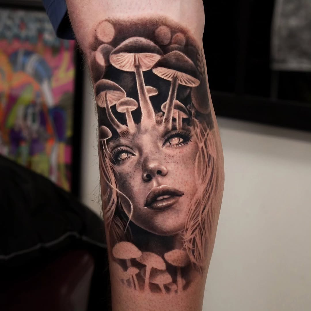 Woman's face with mushrooms surrealism tattoo on the forearm by Brandon Rabago, Fort Worth, Texas