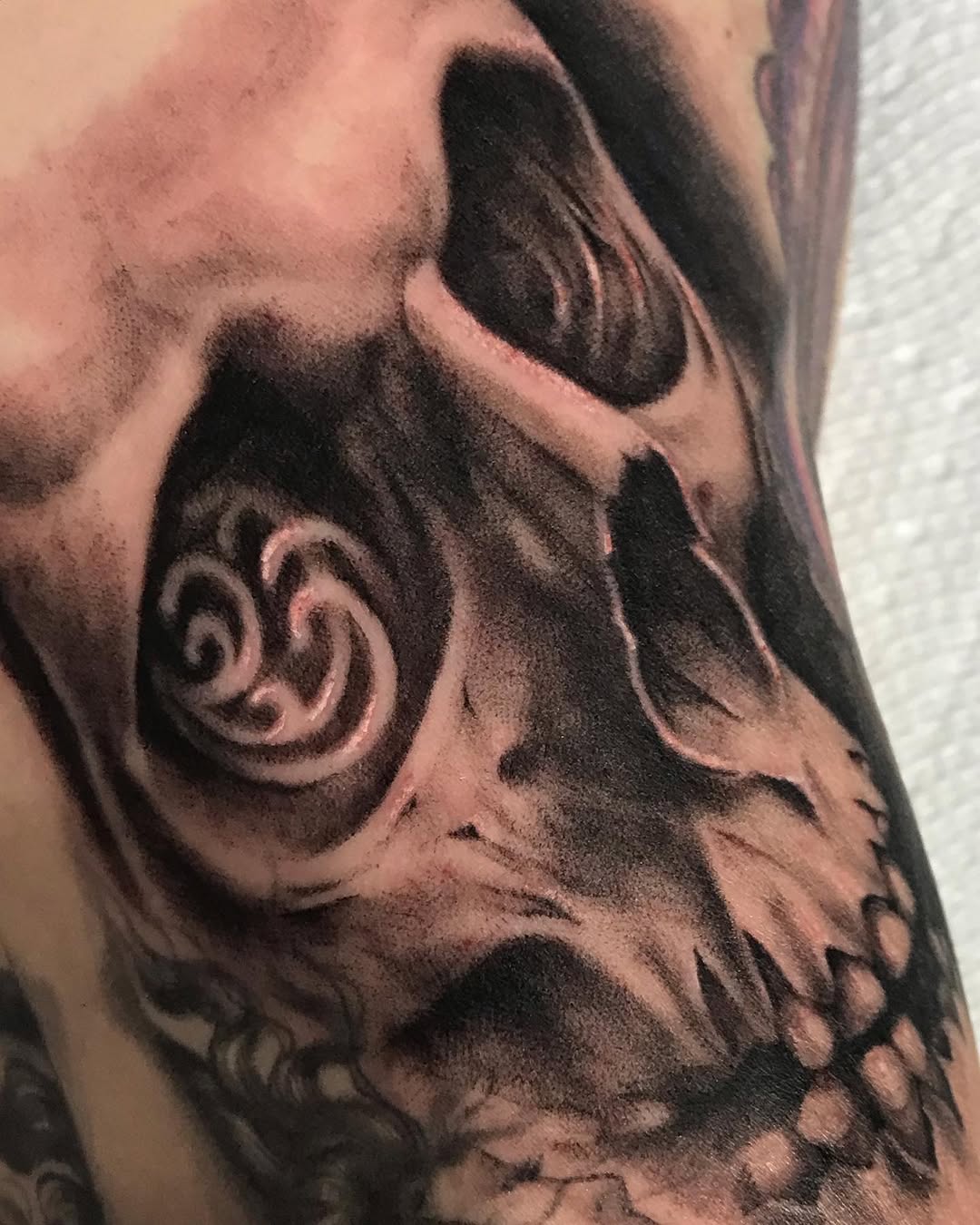 Skull realism tattoo on the forearm by @doctorze
