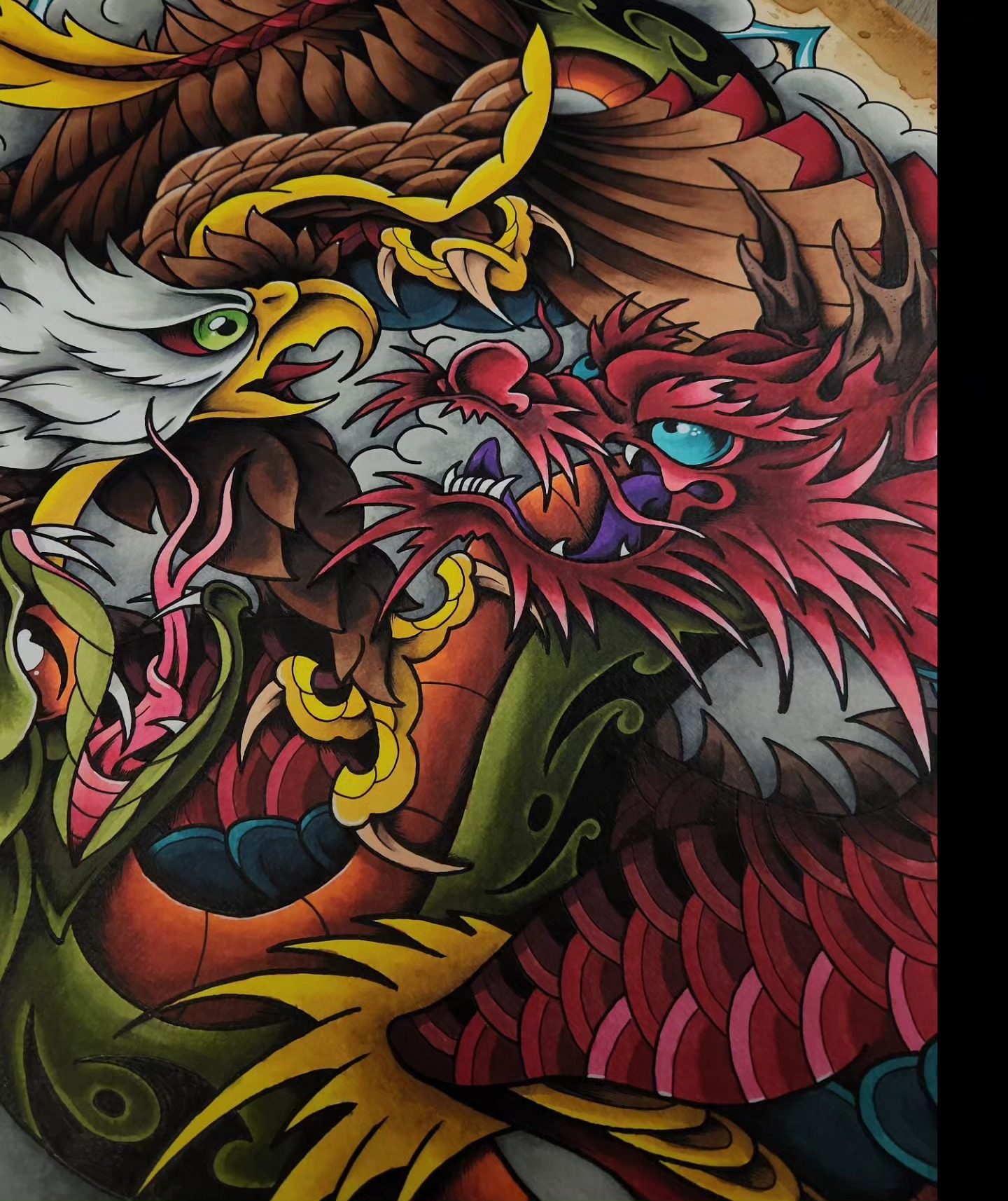 Dragon and eagle American traditional tattoo by Gavvo