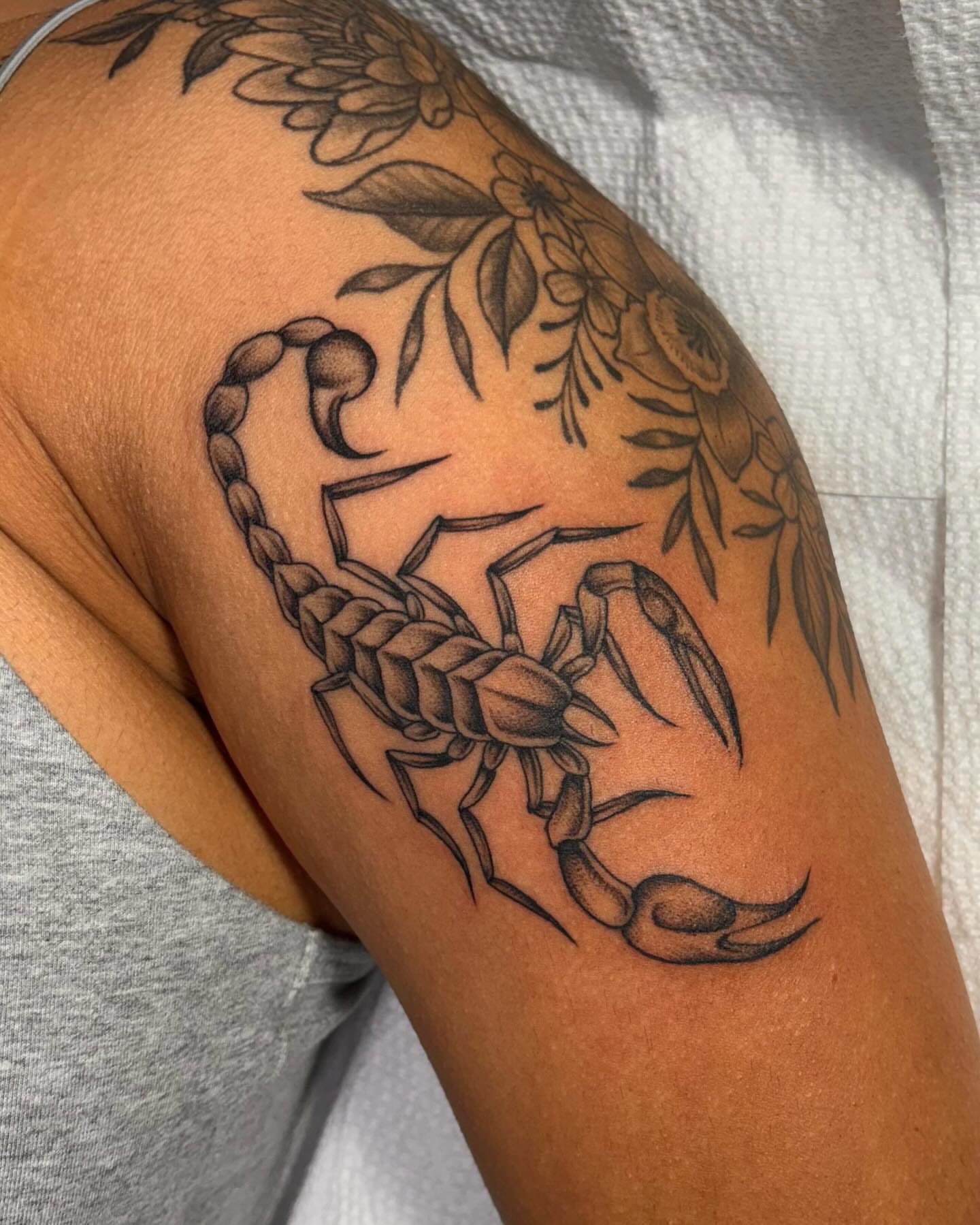 Scorpion black and grey tattoo on the shoulder by ⟡ Sam O ⟡