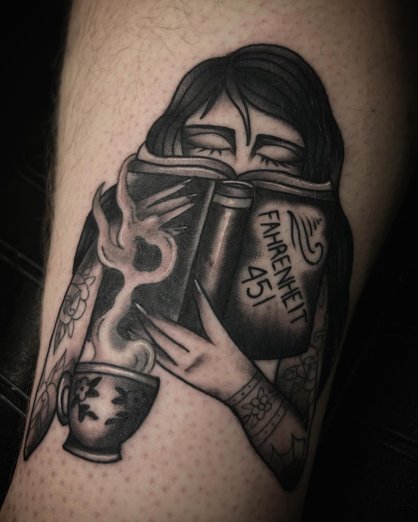 Fahrenheit 451 realism tattoo on the forearm by Samantha C, Bremerton, Washington