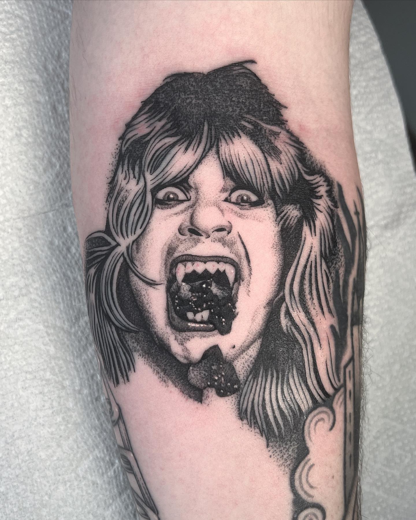 Angry woman dotwork tattoo on the forearm by Brice Hamm
