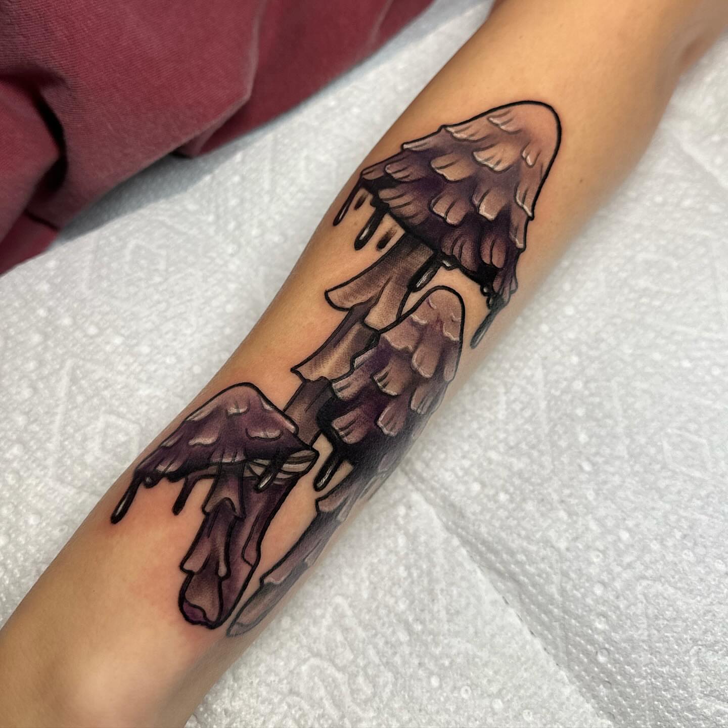 Mushroom dotwork tattoo on the forearm by ✨Sarah Knapp✨, Eugene, Oregon