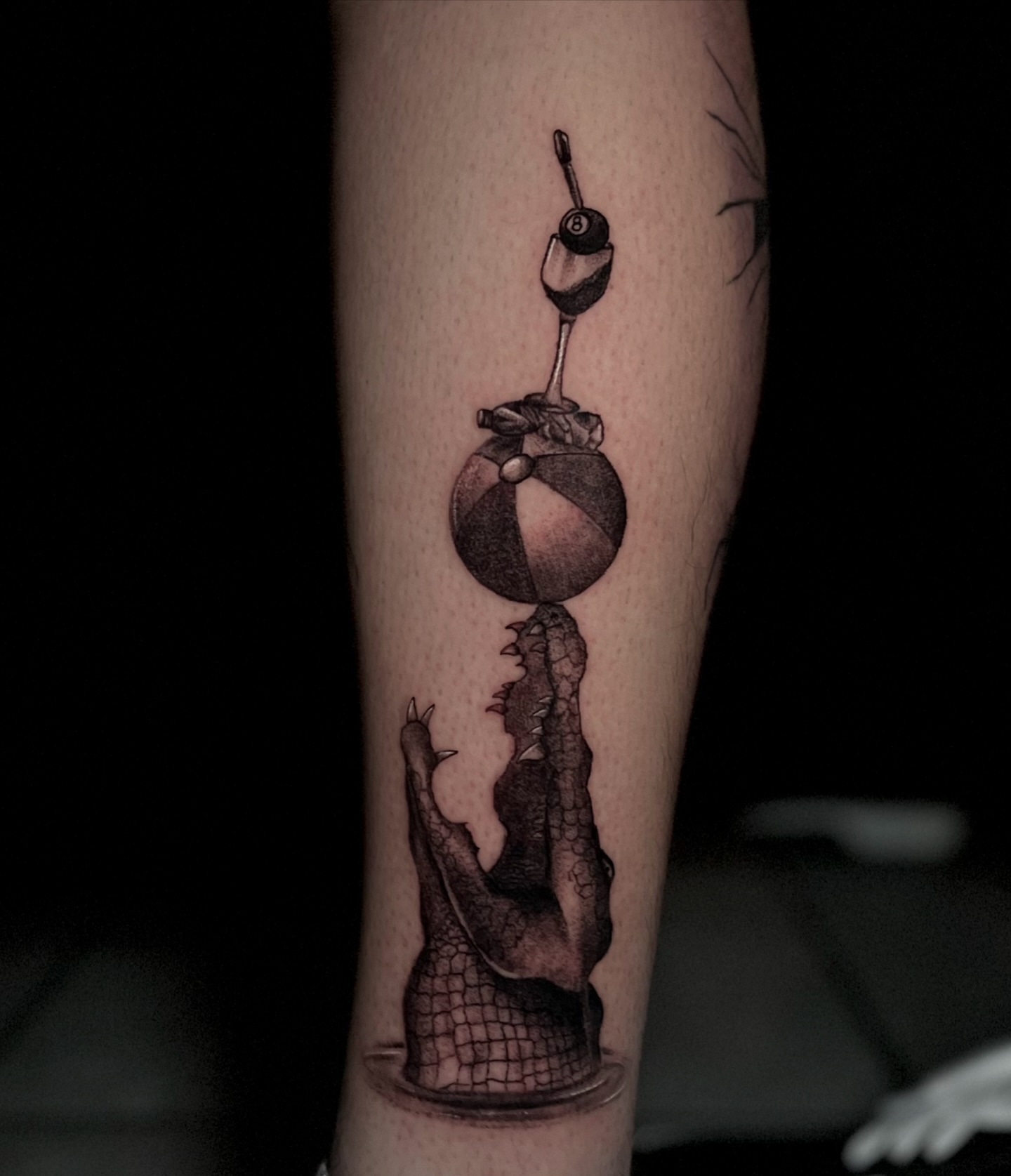 Crocodile and beach ball dotwork tattoo on the forearm by ˖.𖥔 ݁˖anna hoffman˖ ⊹ ࣪ ˖, Salt Lake City, Utah