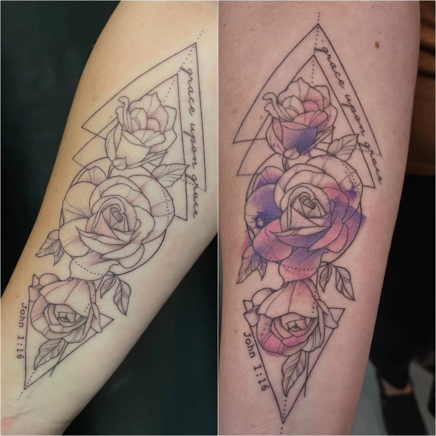 Roses geometric tattoo on the forearm by Jamie Clinton
