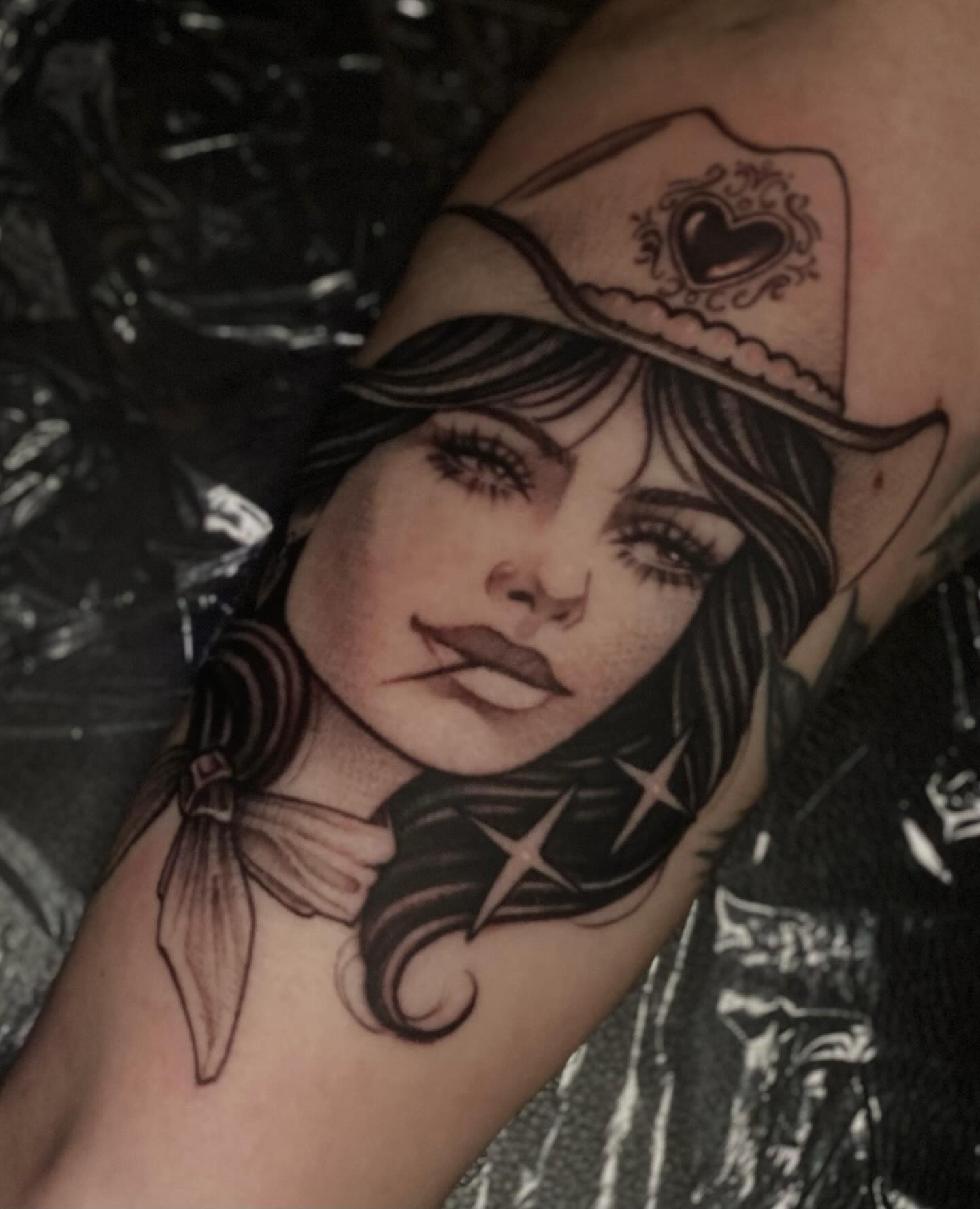 Cowgirl portrait realism tattoo on the forearm by 𝔗𝔞𝔶𝔩𝔬𝔯 𝔈𝔩𝔦𝔷𝔞𝔟𝔢𝔱𝔥, Tulsa, Oklahoma