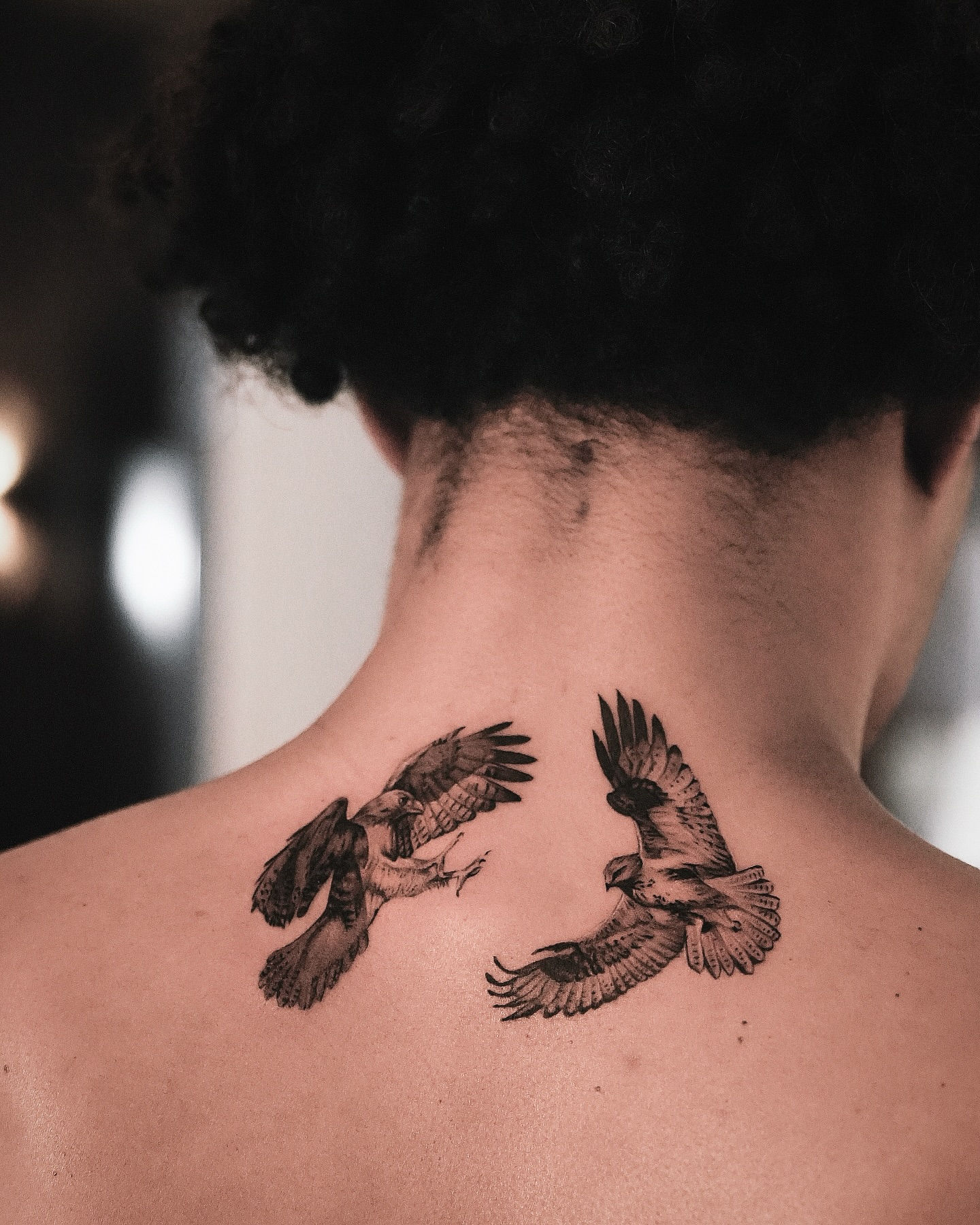 Birds in flight realism tattoo on the back by Kid Needle