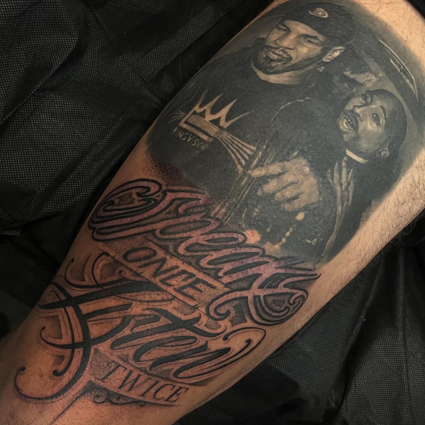 Tattoo by @dopeletterstattoo — black_and_grey, realism