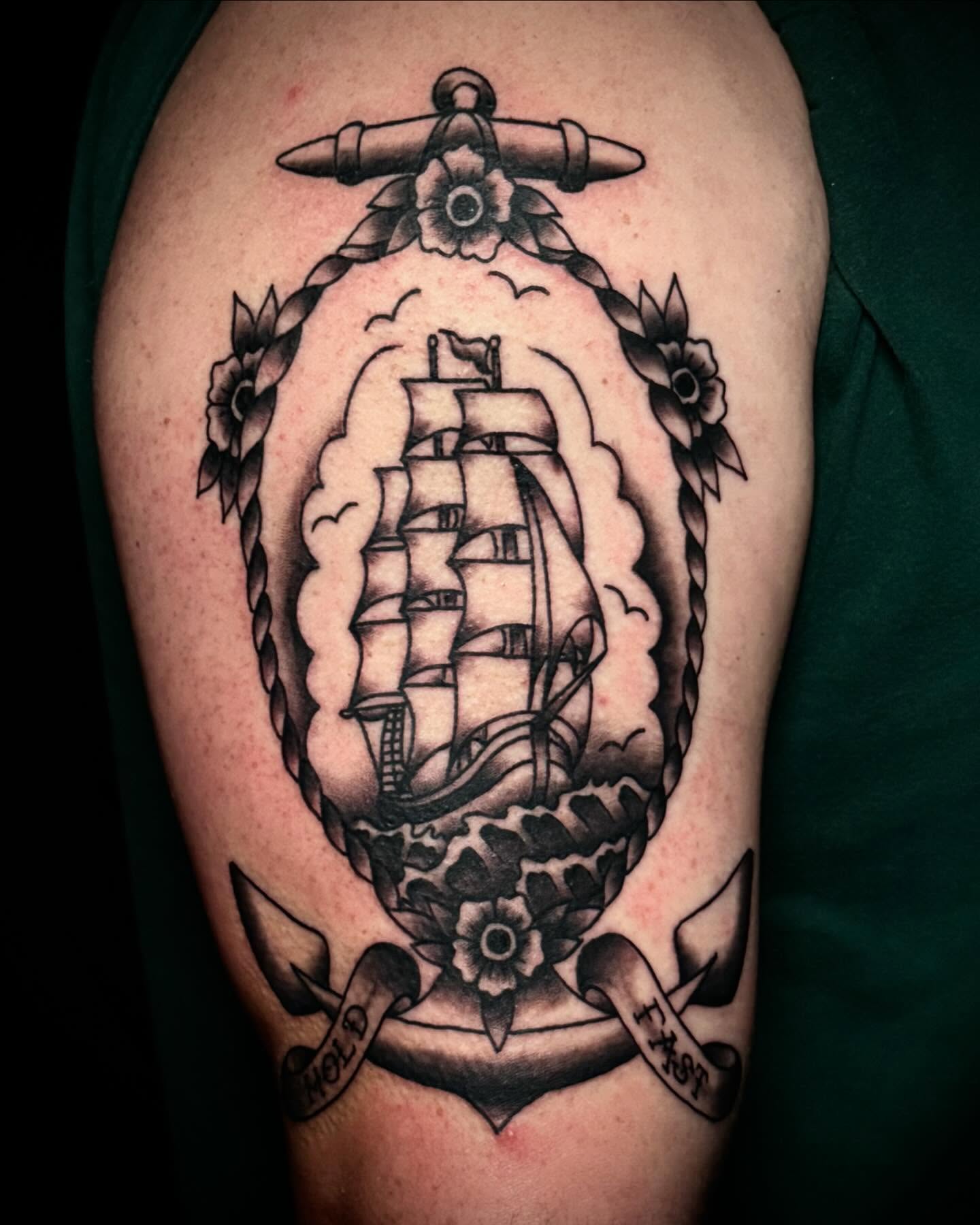 Ship within anchor American traditional tattoo on the forearm by Jeremy Carson
