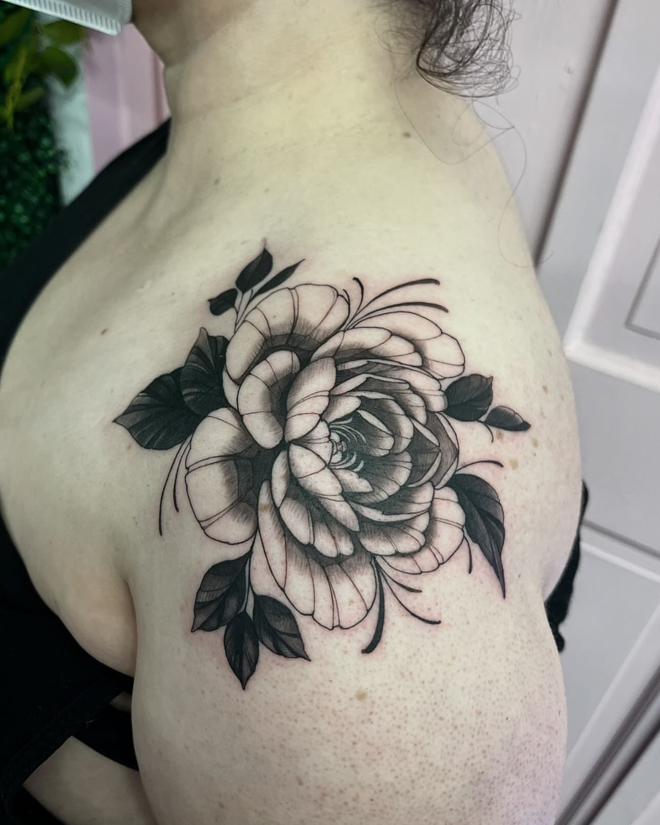 Peony black and grey tattoo on the shoulder by π‘πΆπΈπ½ππ ππΎππππ