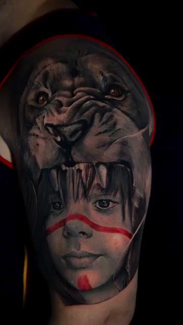 Lion and child portrait realism tattoo by Davier Del Castillo