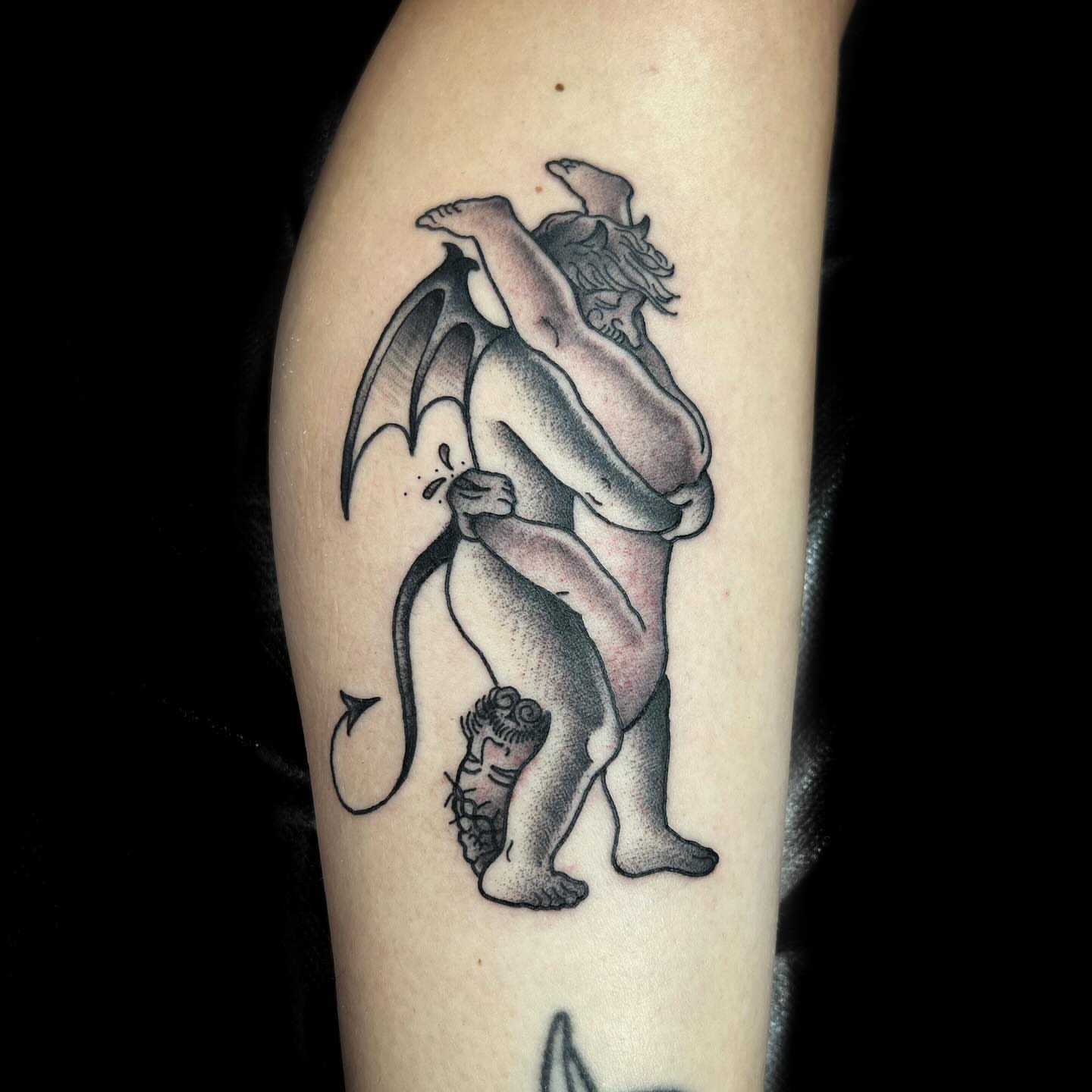 Demons dotwork tattoo on the forearm by @sloanxkettering