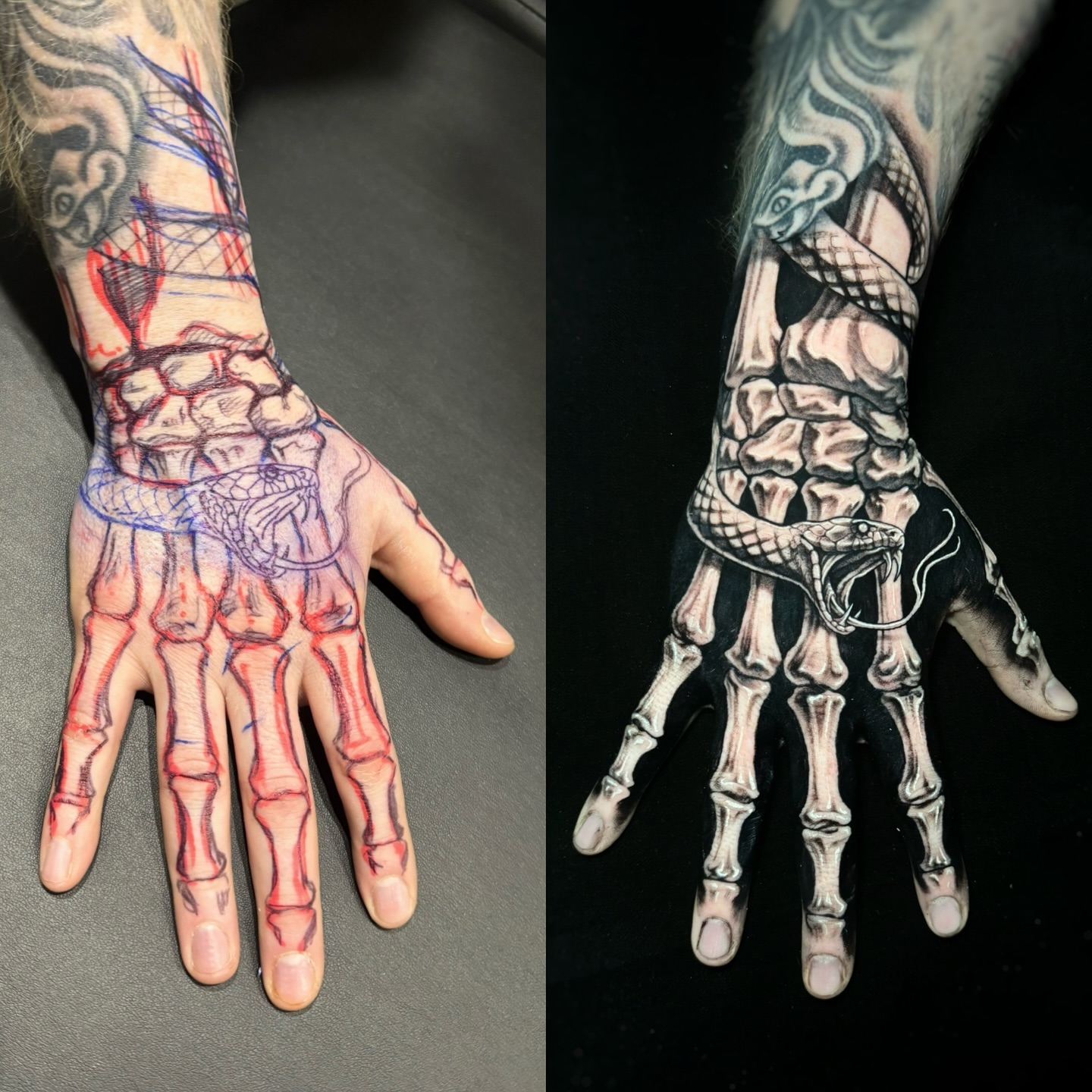 Skeleton hand with snake realism tattoo on the hand by Mark Vata