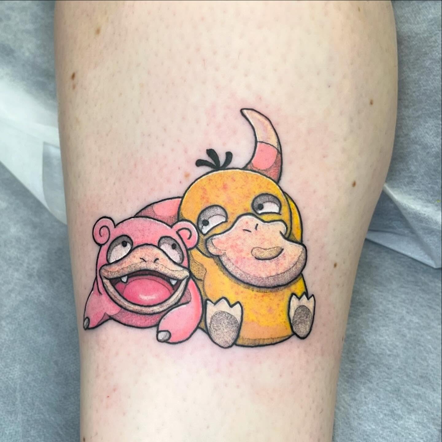 Squirtle and wartortle dotwork tattoo on the thigh by Tattoos by Gina Palladino